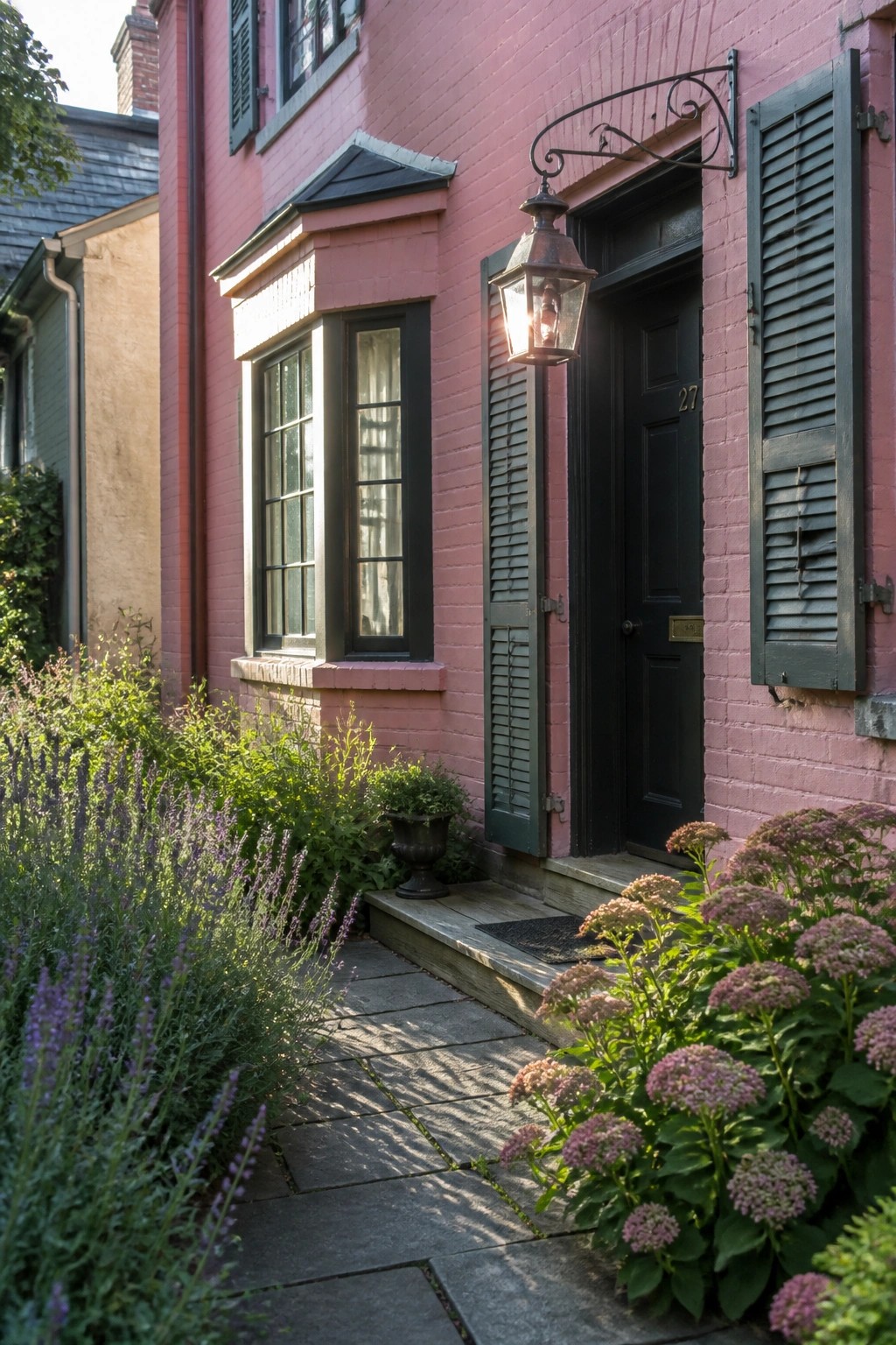 A pink brick house exterior with black door and shutters, a wall-mounted lantern, and a stone pathway lined with green plants.