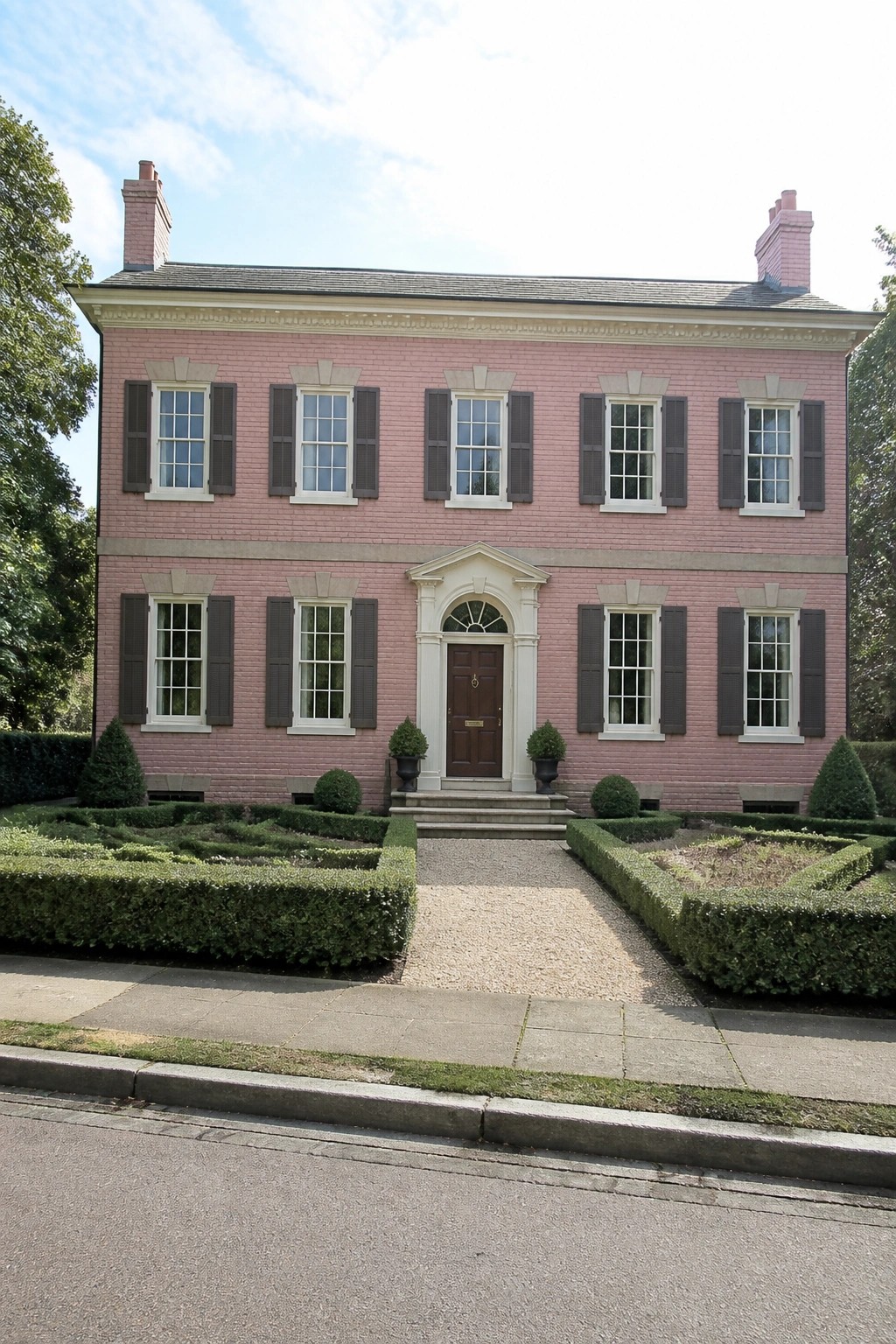 A two-story pink brick house with dark shutters, white trim, a central door with columns, and a gravel path leading to the entrance.