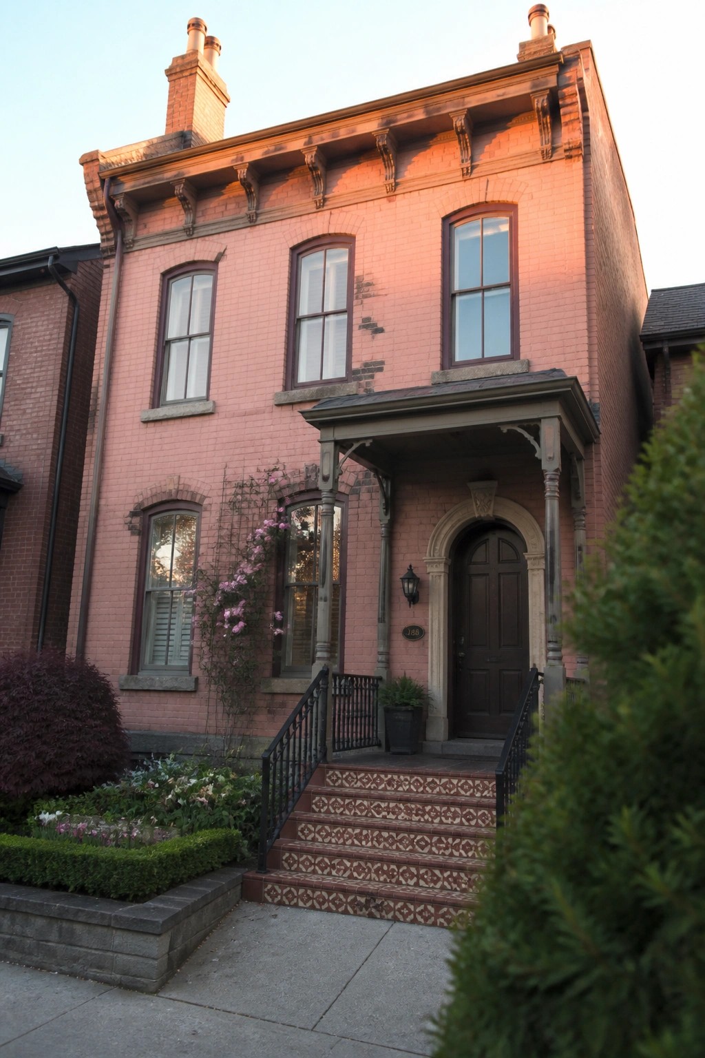 A two-story pink brick house with an arched dark wood door, decorative porch columns, patterned tile stairs, and multiple windows with dark trim.
