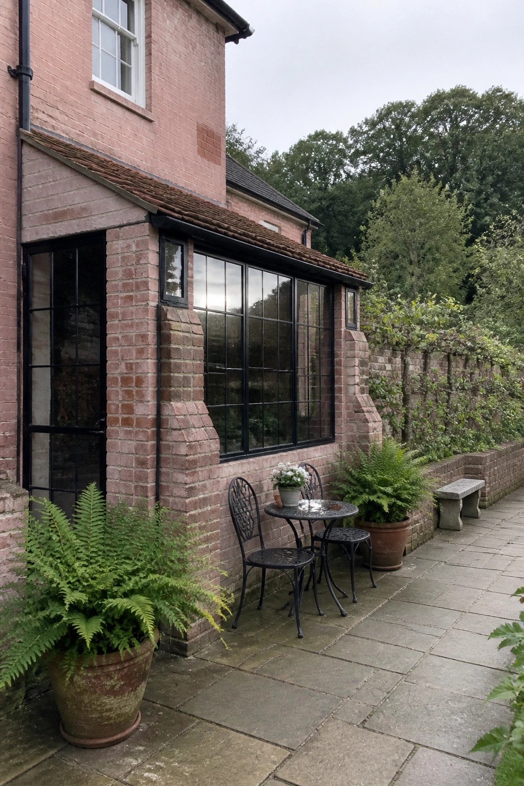 A pink brick house exterior with black-framed windows, a small paved patio holding a round table and chairs, and potted ferns placed along the wall.