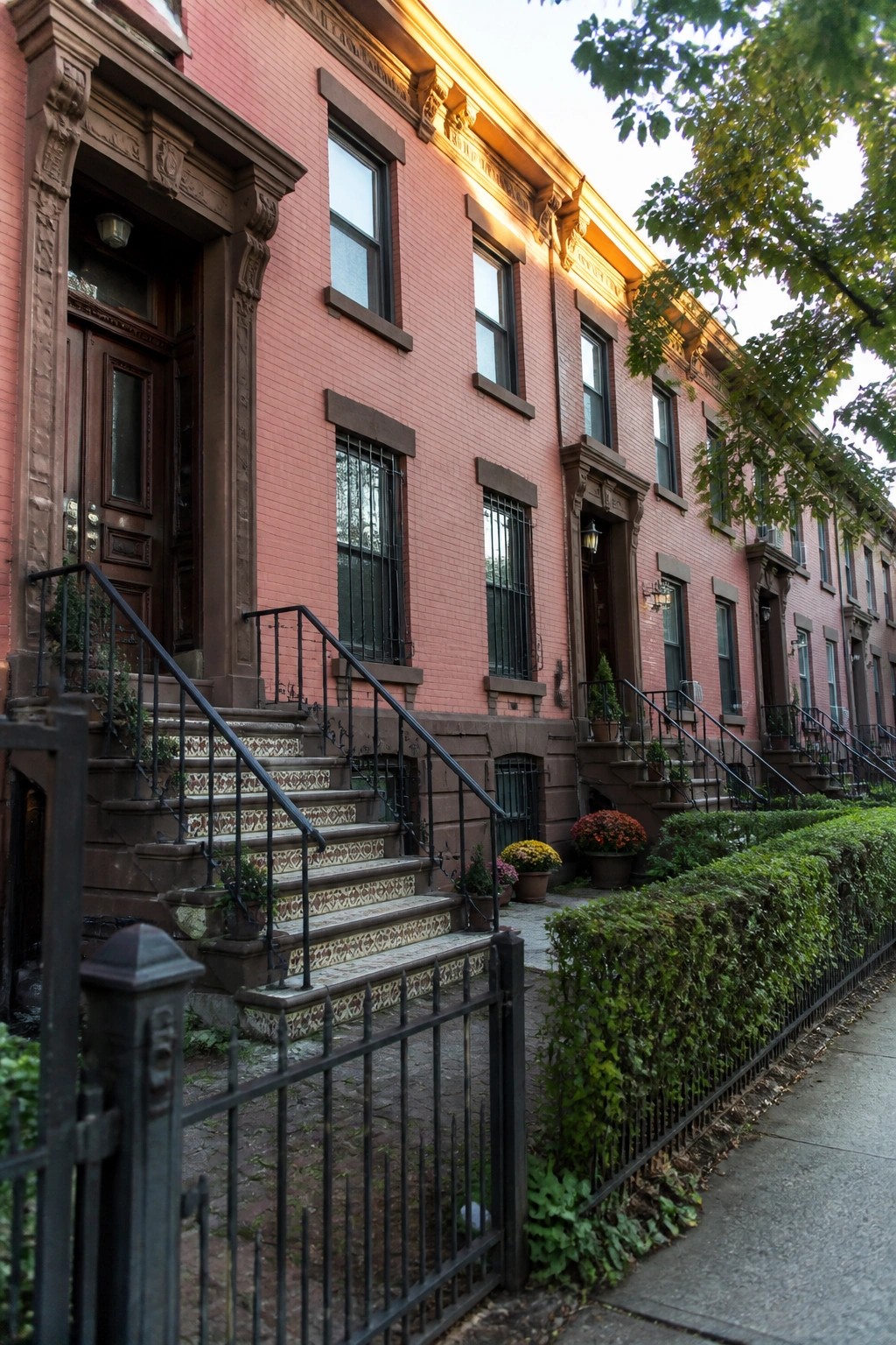 A row of pink brick townhouses with brownstone trim, ornate entries, and black iron railings along a tree-lined sidewalk.