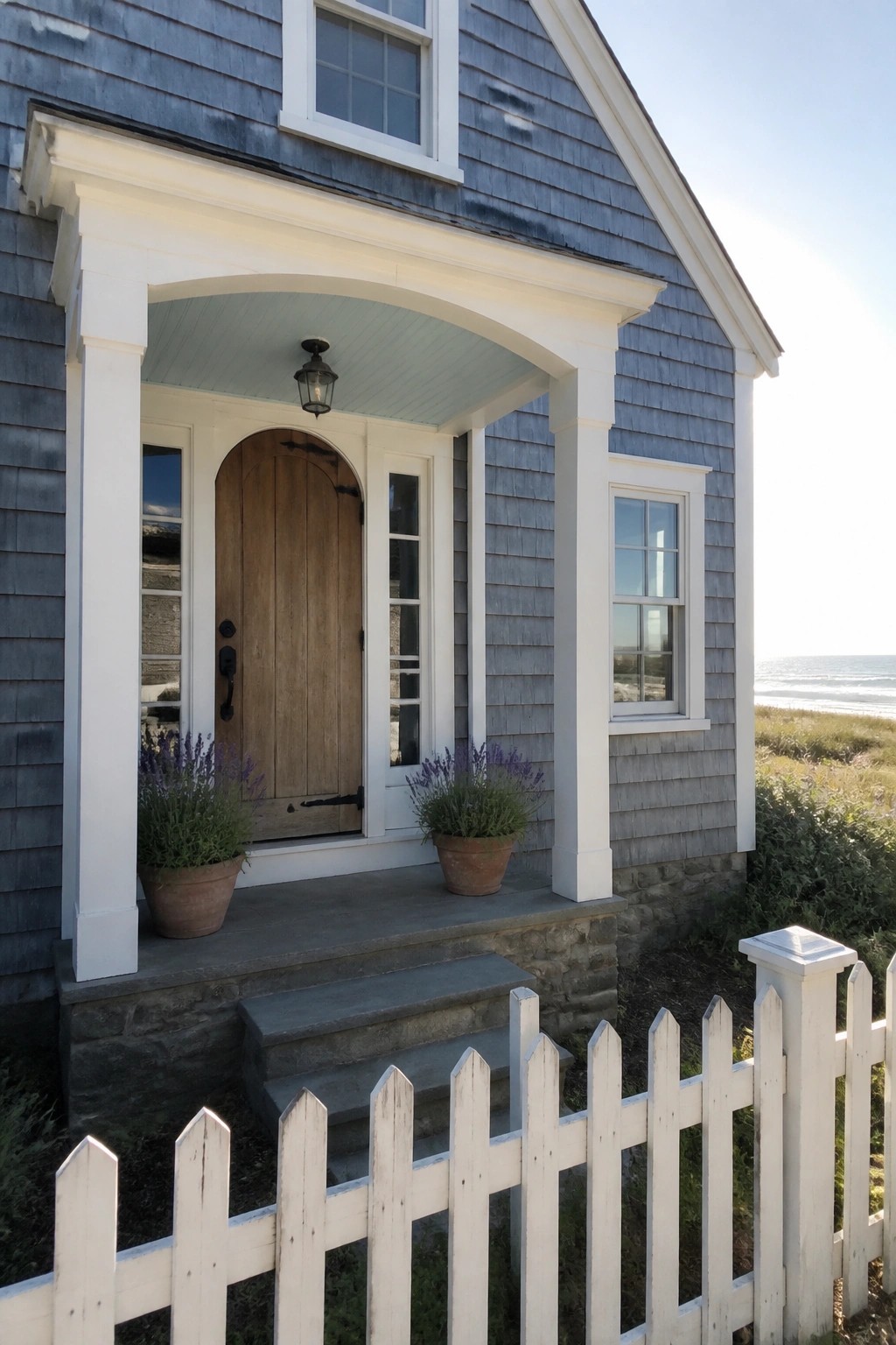 A blue-gray shingled house exterior with white trim and a stone foundation.
