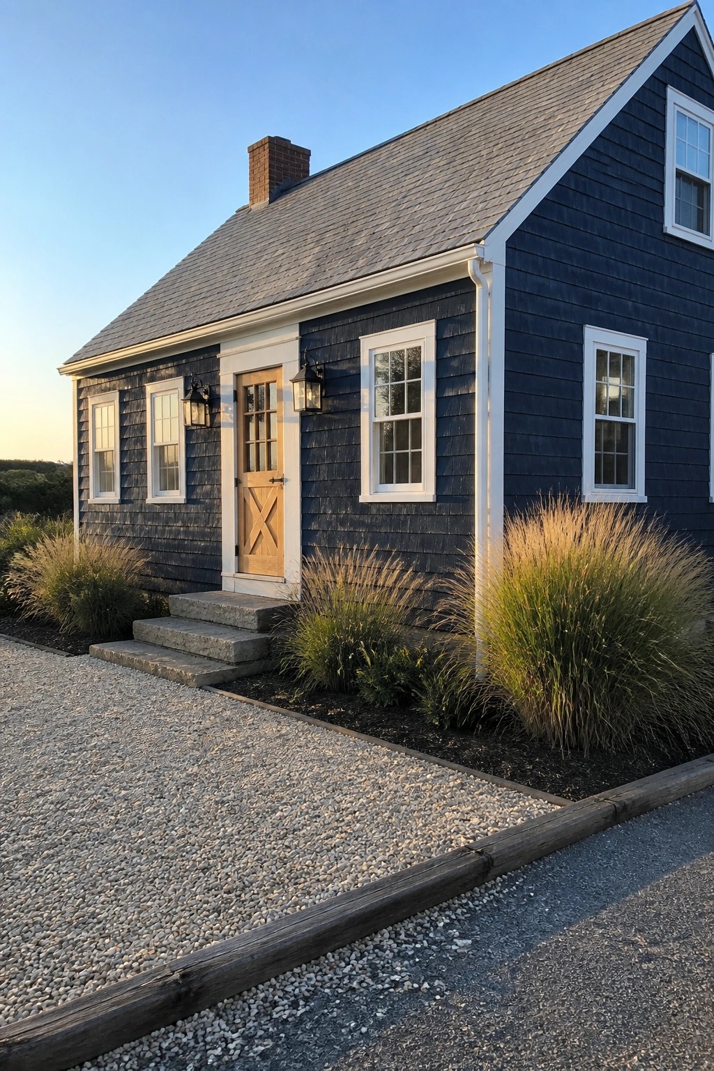 Dark navy blue shingle siding on a house exterior with white trim and a wood door.