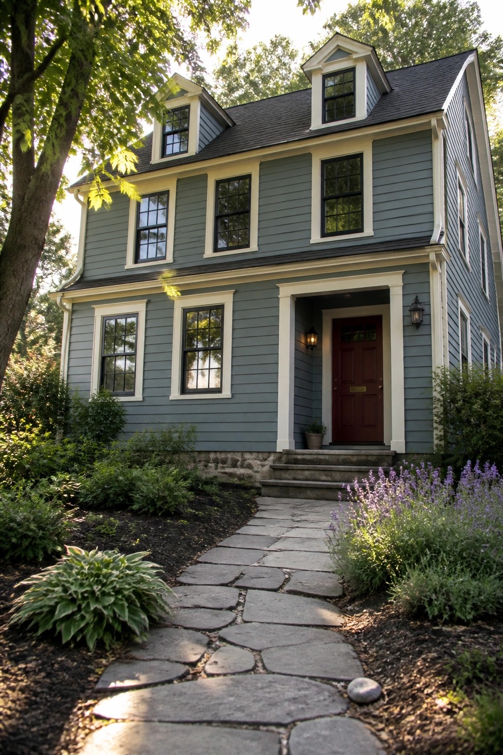 Two-story blue-gray house with white trim, red door, and stone path through garden