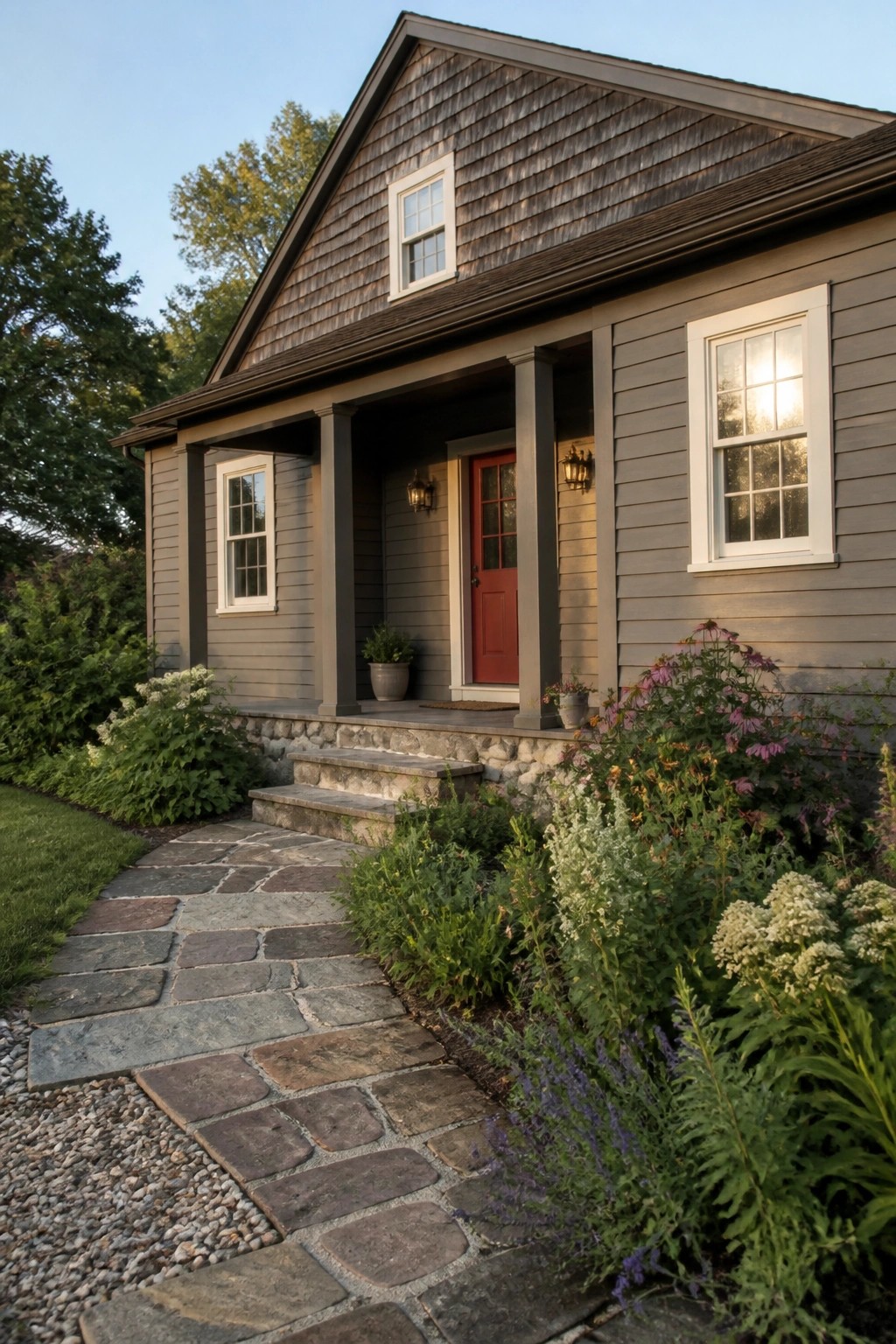 House exterior with muted gray siding next to a stone foundation and white trim.