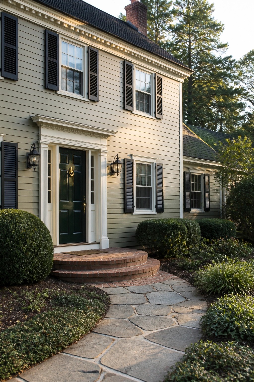 Two-story beige house with green door, brick steps, stone path, and surrounding bushes.