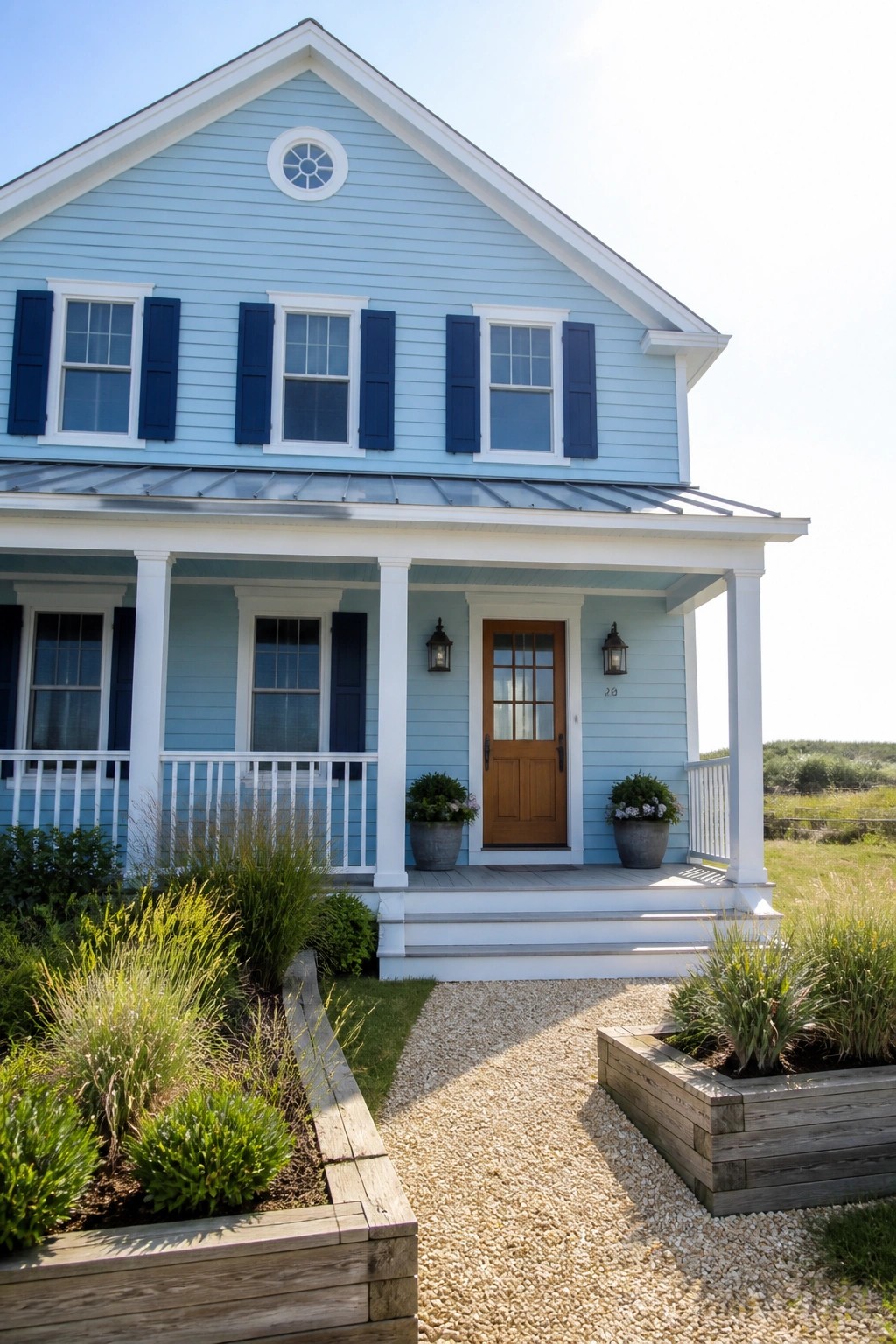 A light blue house exterior with white trim and a wooden front door.