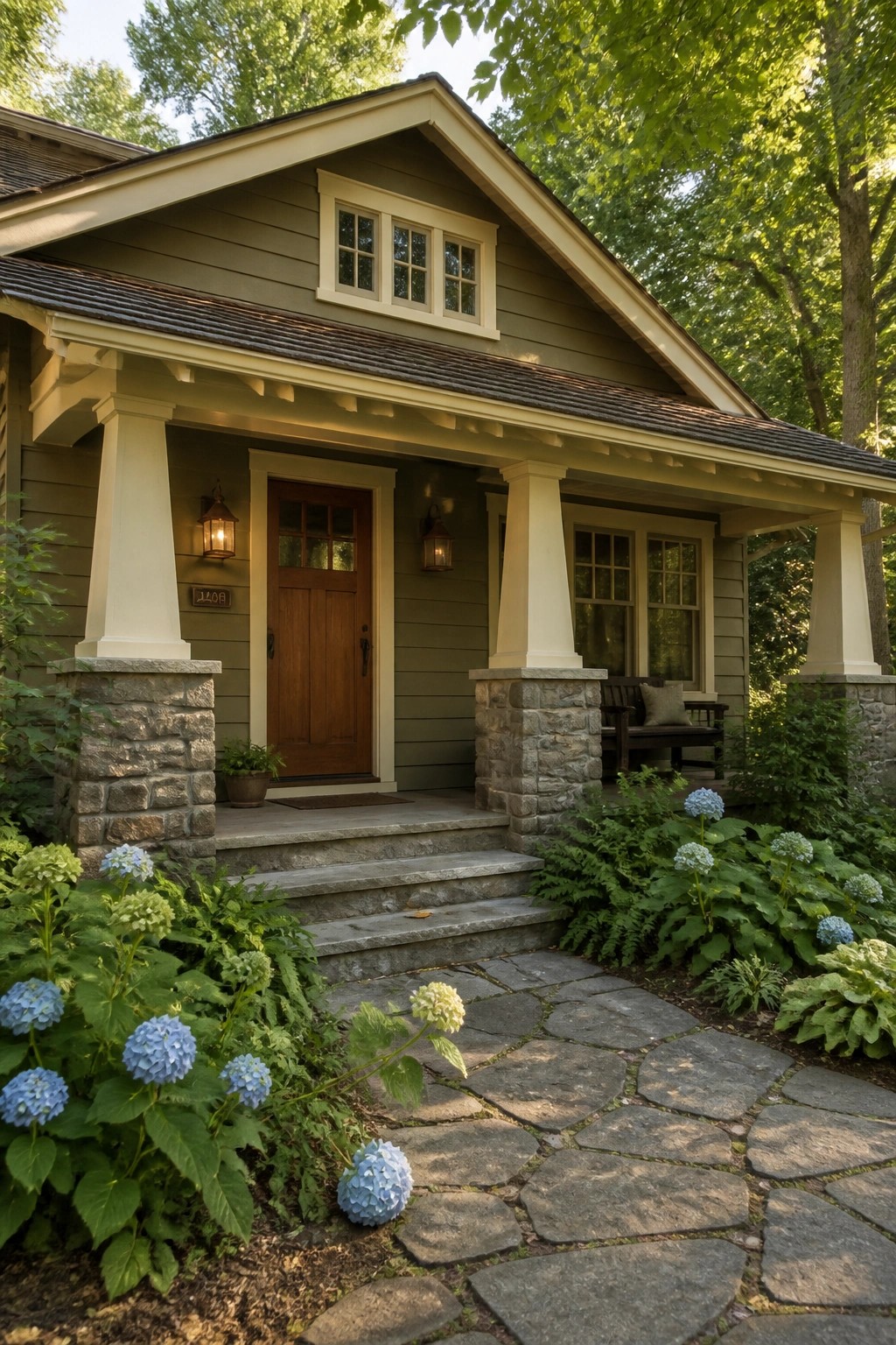 A muted sage green house exterior with stone pillars and white trim.