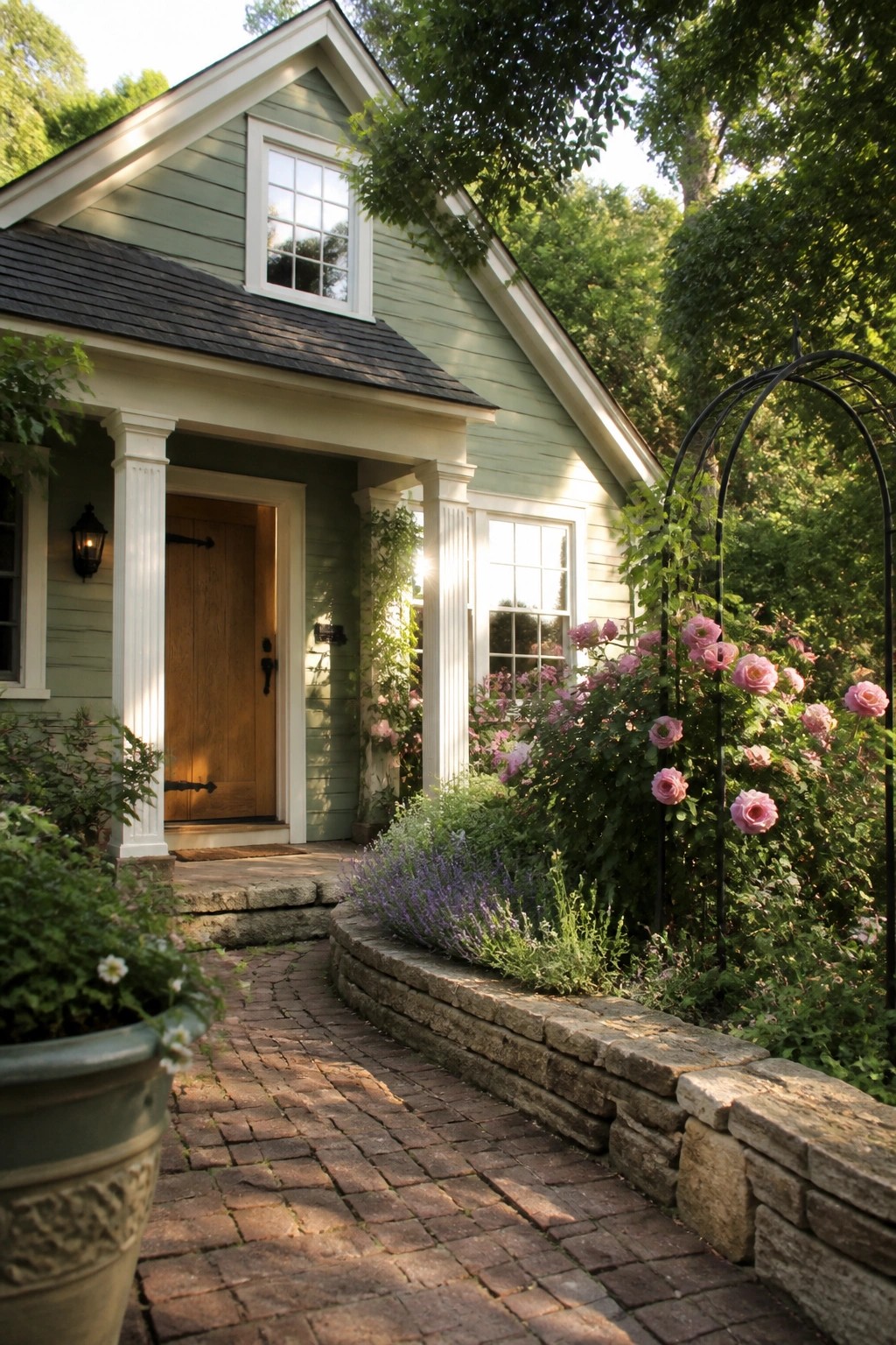 Green cottage with brick path, white columns, and blooming pink roses
