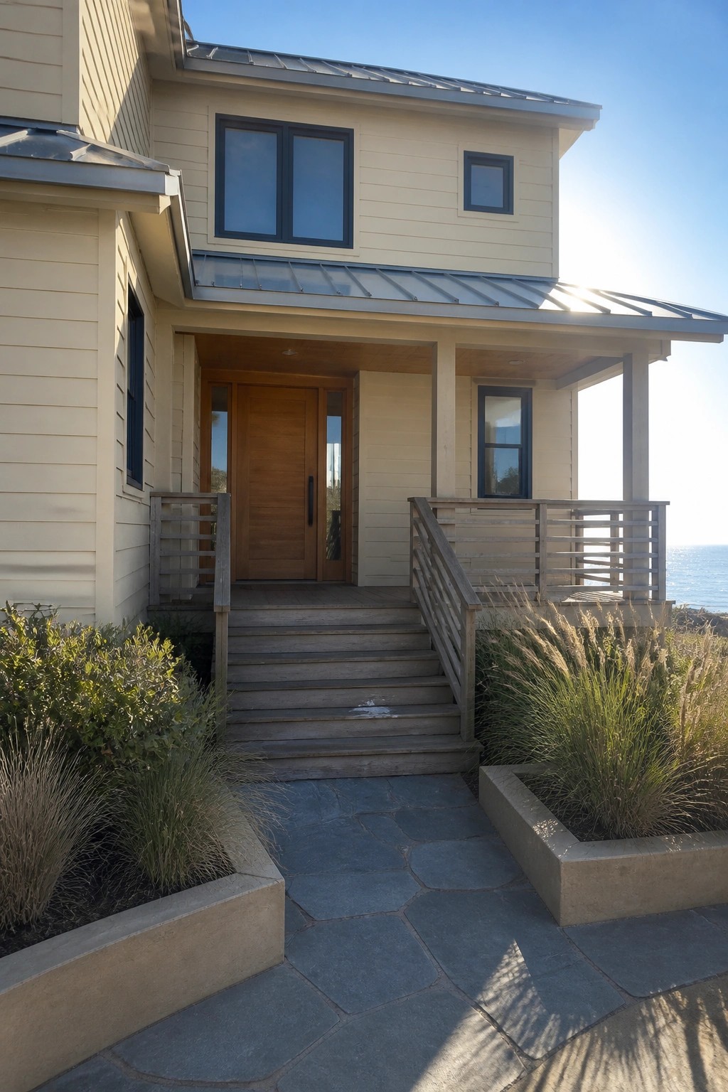 Light beige house siding with a wood front door and stone walkway.