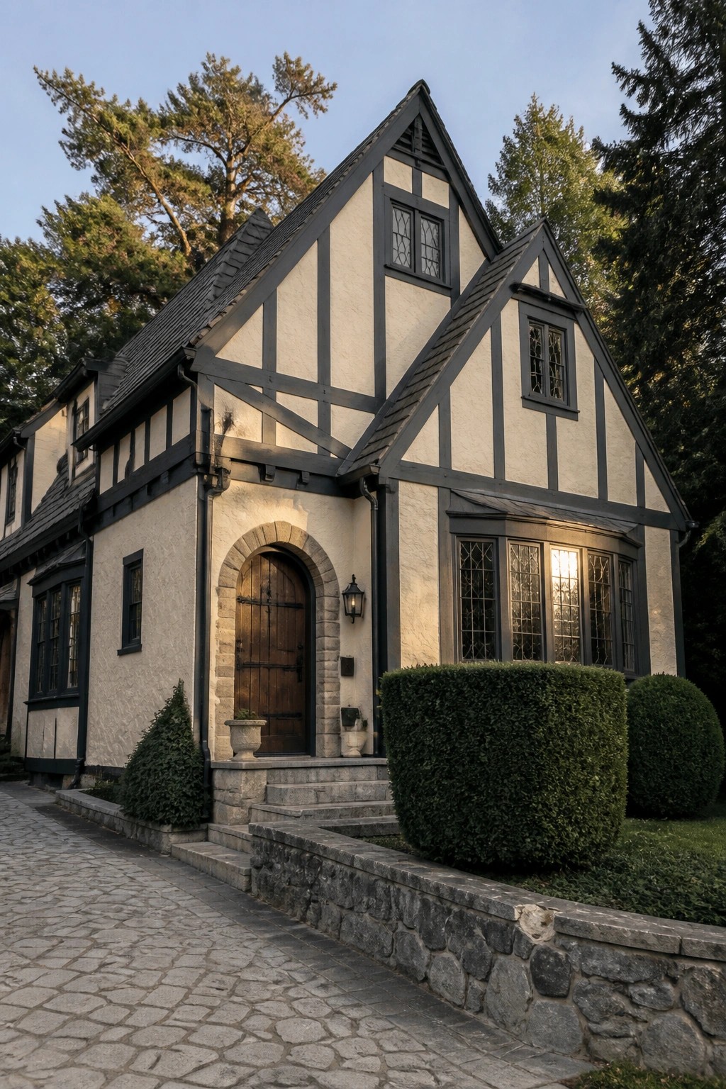 Tudor-style house with white walls, black timber framing, arched door, and cobblestone path.