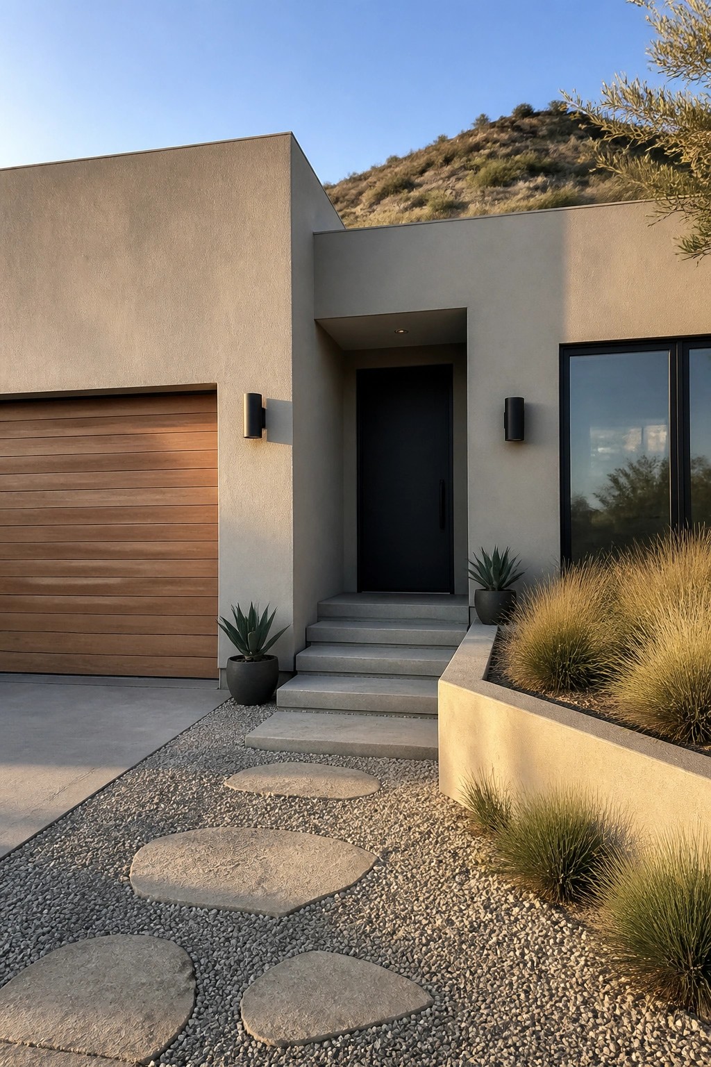 Modern house exterior painted in a light warm greige with a wood garage door and concrete steps.