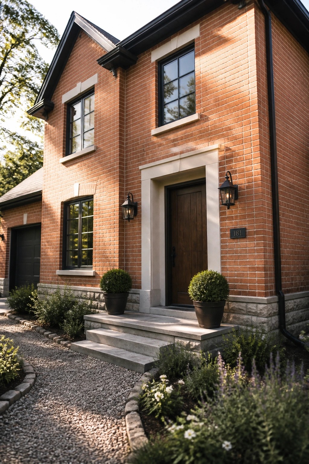 A red brick house exterior with white trim and a stone foundation.