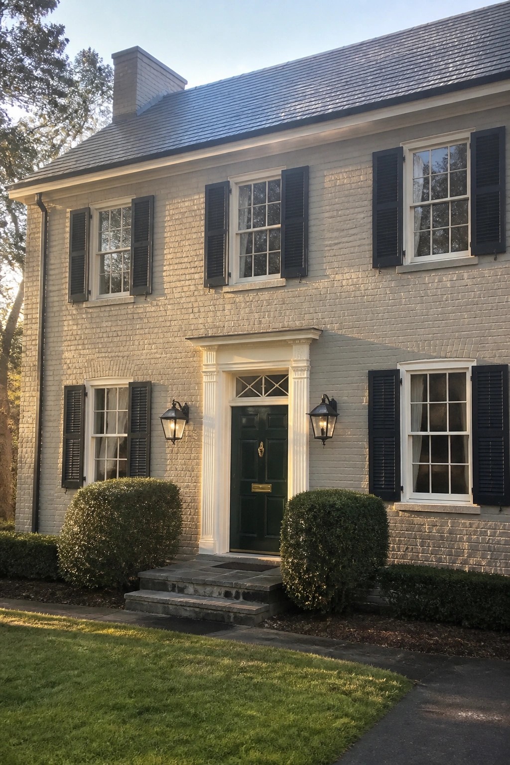 A two-story brick house painted in a soft warm white with black shutters and a dark roof.