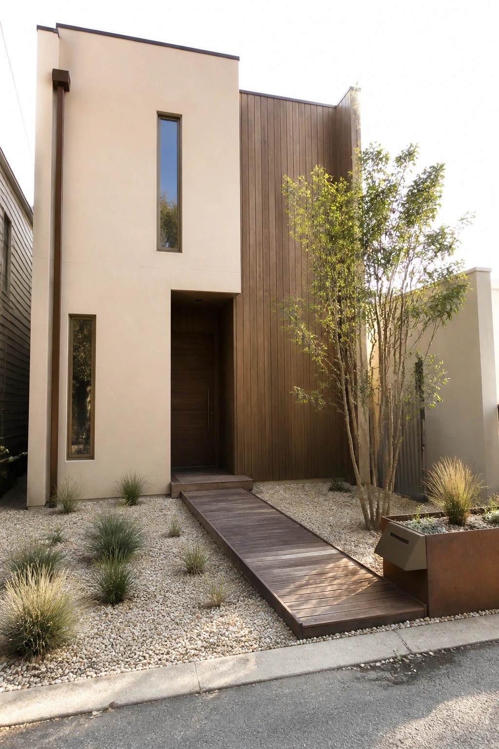 Modern beige house with wooden accents, tall window, gravel path, and tree planter.