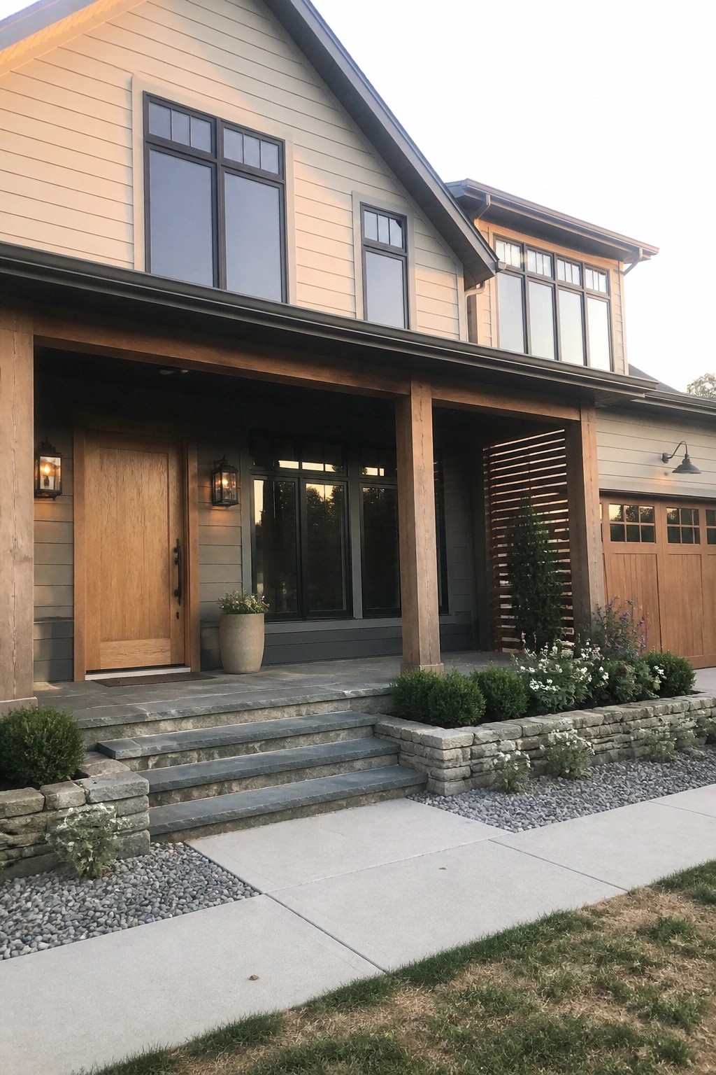 Front view of a two-story house with beige siding, a large wooden front door, exposed wooden porch beams, stone steps, and a wooden garage door.