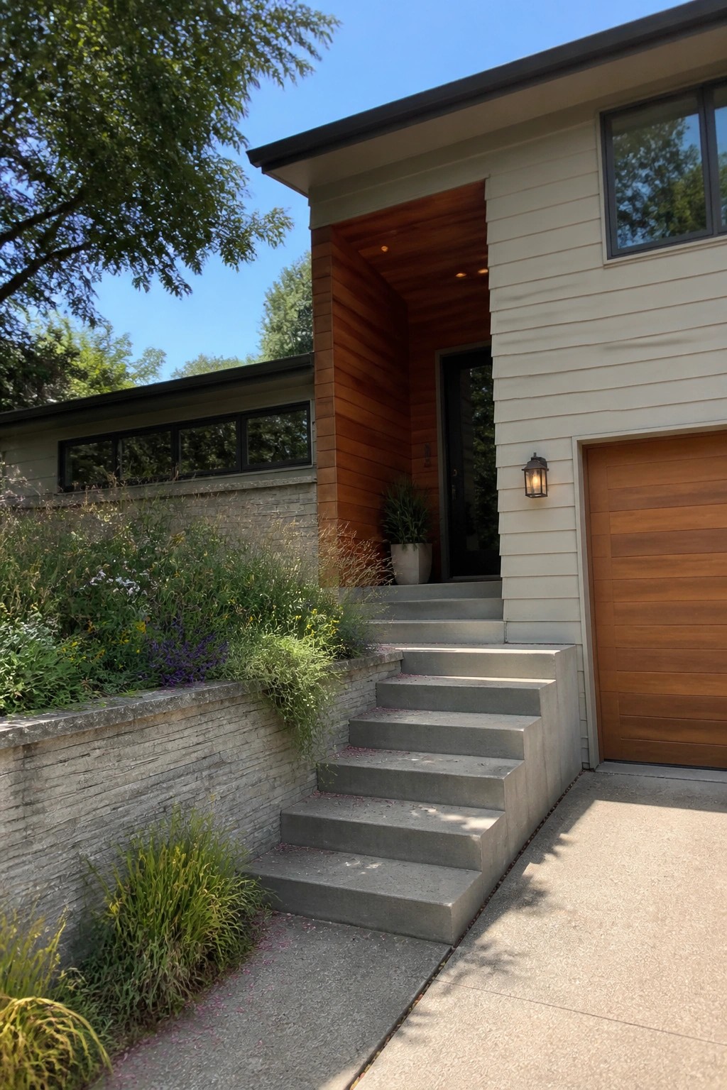 Modern house entrance with concrete steps, wood accents, and garden landscaping