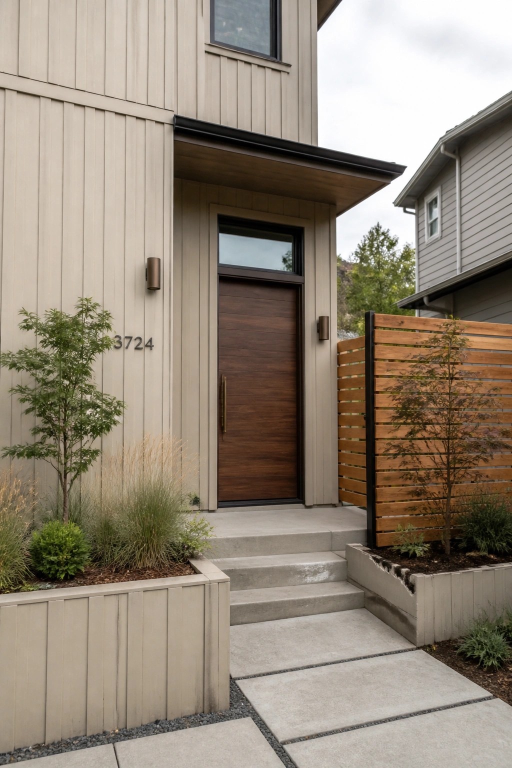 Front view of a two-story house with light beige vertical siding, a dark wood front door, bronze wall sconces, concrete steps, and a horizontal wood fence to the right.