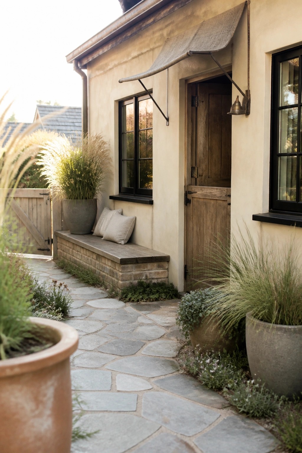 Rustic cottage entrance with stone path, potted plants, wooden bench, and door