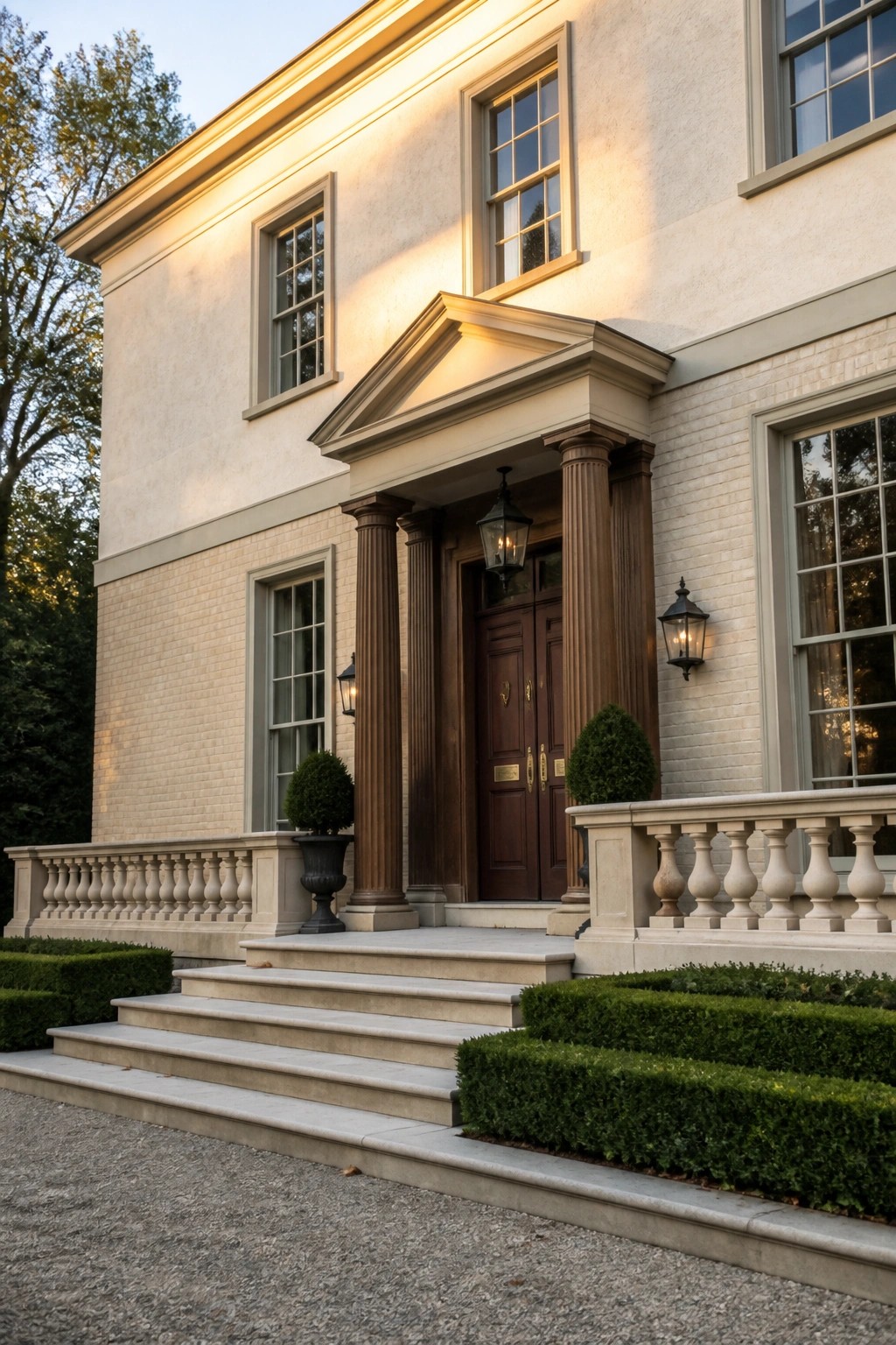 Neoclassical mansion entrance with tall columns, dark wood doors, stone steps, and manicured shrubs.