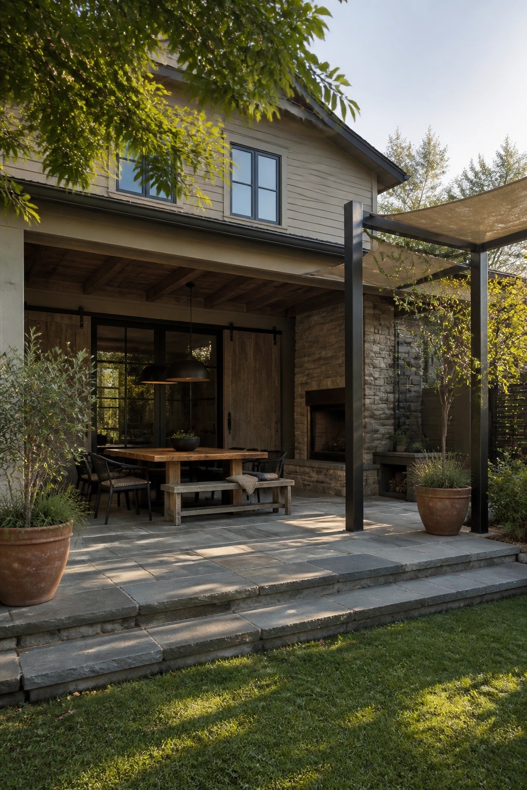 A beige house with wood siding and a covered stone patio that includes a fireplace, wooden dining table and bench, and potted plants.