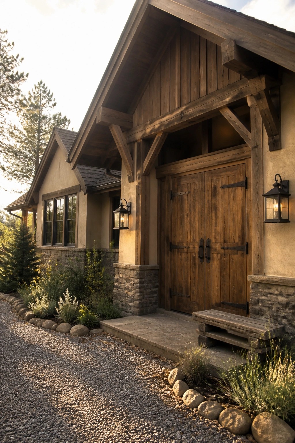 A beige stucco house exterior featuring a double wooden entry door framed by large exposed timber beams, with stone accents at the base and two lit black metal lanterns on either side.