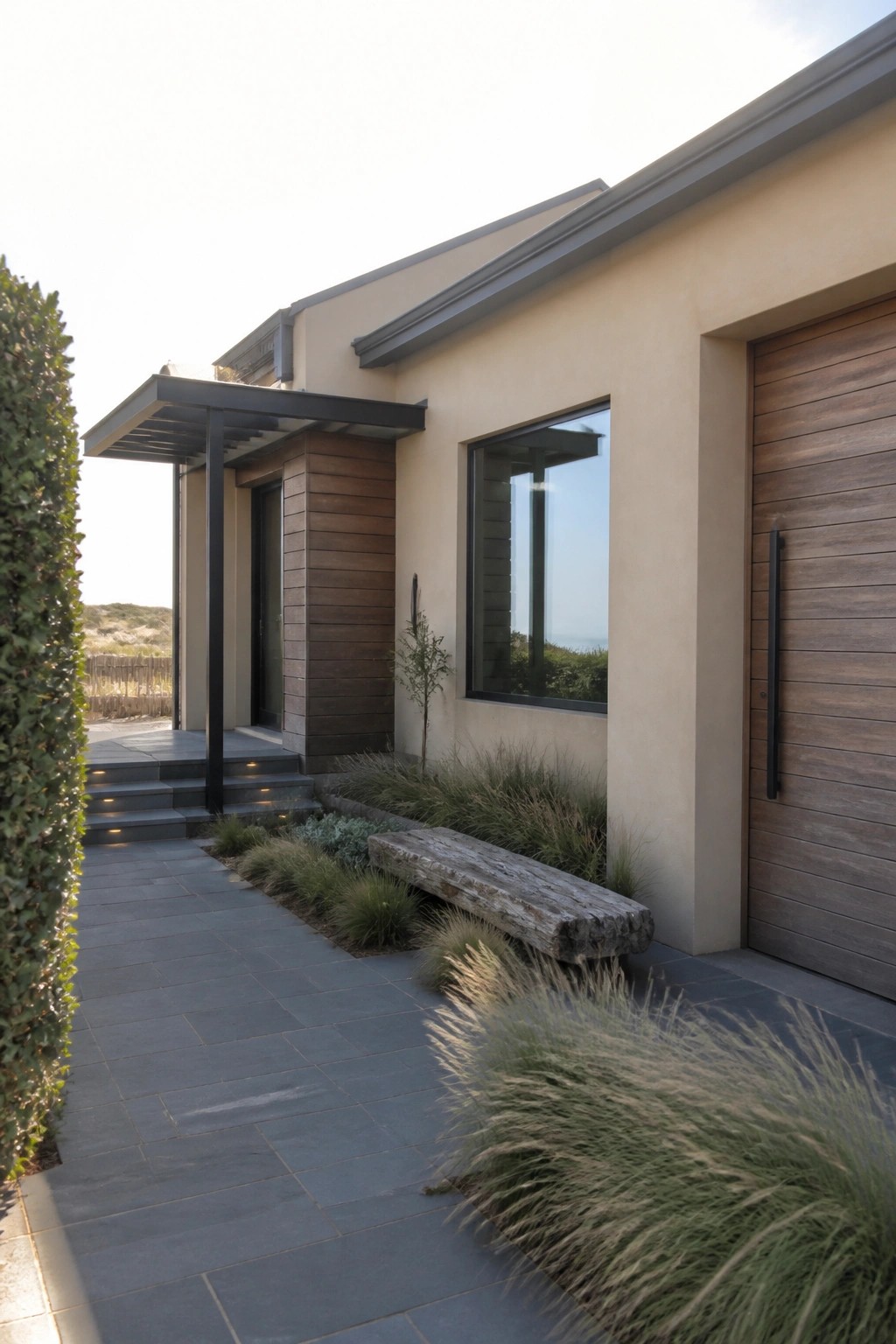 A beige house exterior with wood panels around the entry door and on the garage, dark metal fixtures, a covered entry with steps, and low landscaping with grasses and a wooden bench.
