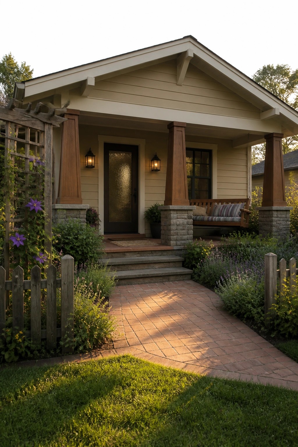 Charming beige house porch with dark door, wooden swing, stone pillars, and brick path.