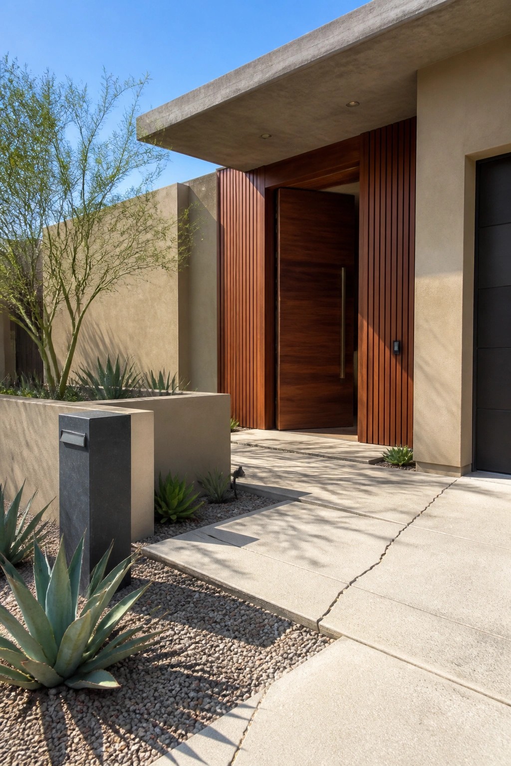 Modern home entrance with wooden door, vertical slats, gravel garden, and agaves.
