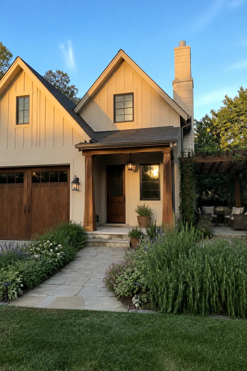 A beige two-story house with wood garage doors, a gabled roofline, a covered front porch supported by wood columns, and a stone chimney on the right side.