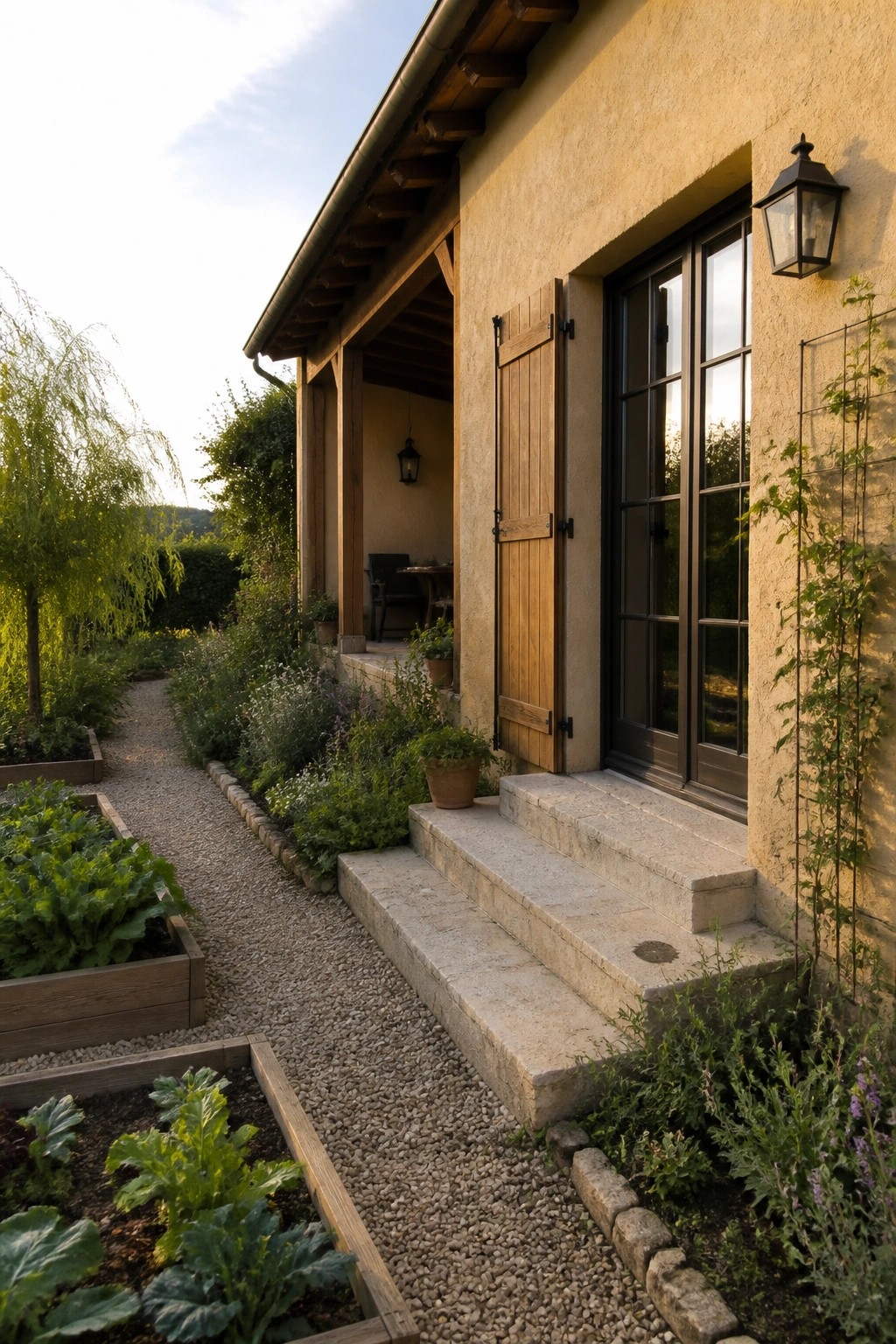 A beige stucco house exterior featuring wooden shutters on the door and window, a dark metal lantern, stone steps, and raised garden beds beside a gravel path.