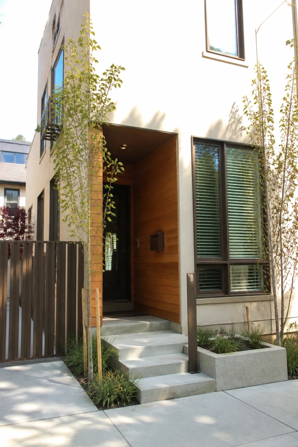 Modern house entrance with concrete steps, wooden door and siding, large windows, and young trees.