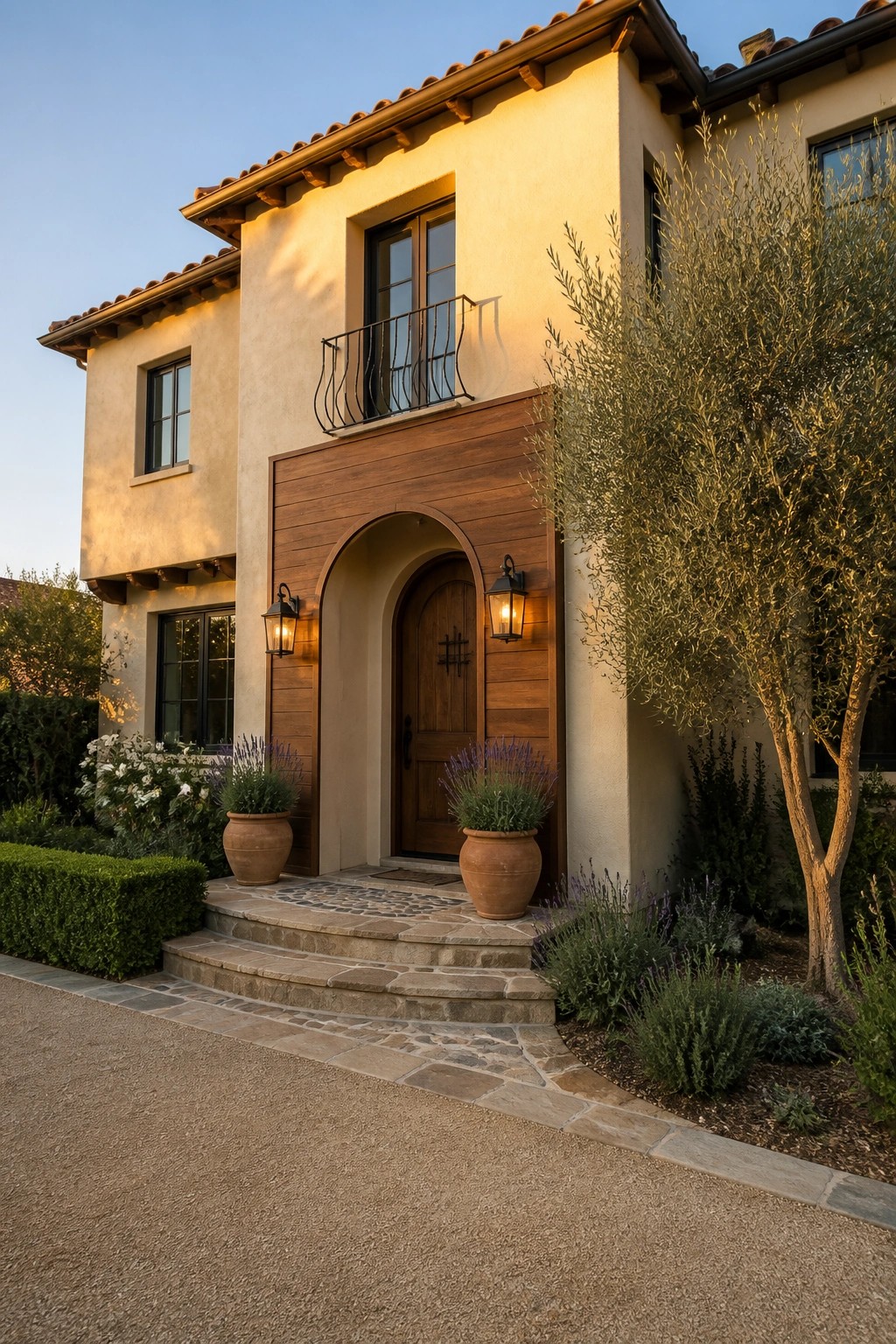 A two-story beige stucco house with a prominent wooden arched entry, stone steps, and two terracotta pots beside the door.