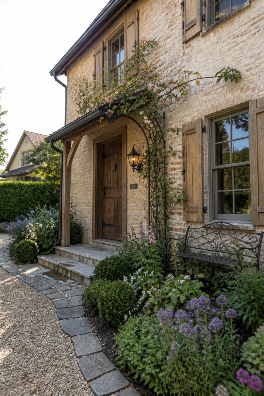 Rustic stone cottage with climbing pink roses, wooden door, and garden bench