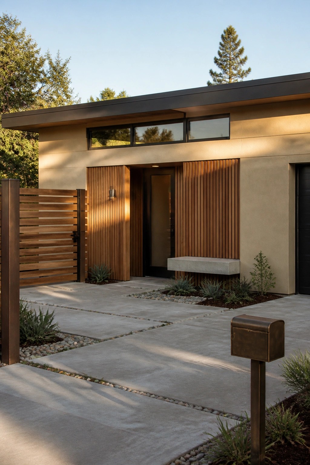 Modern house entry with concrete path, wooden slats, bench, and mailbox.