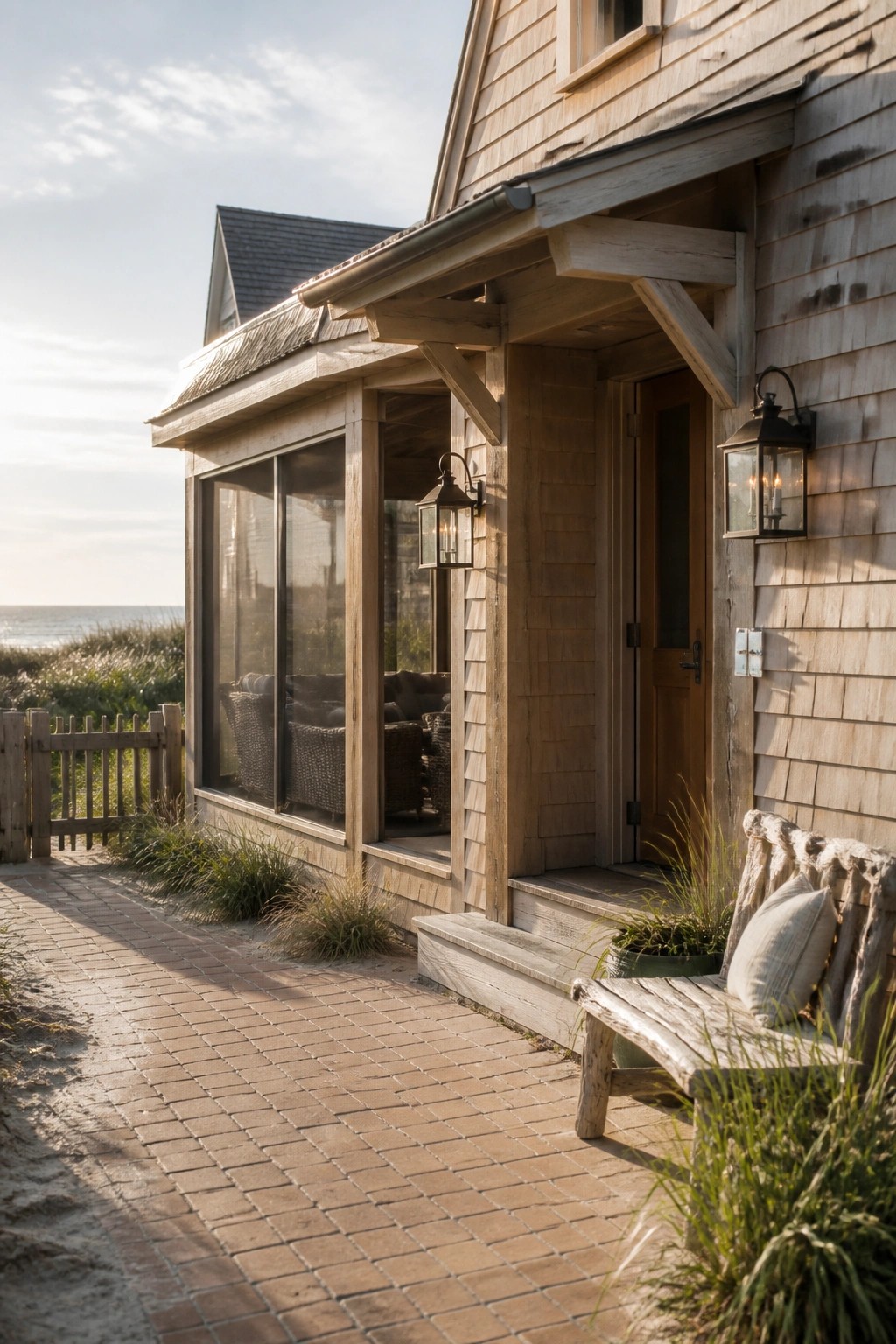 Rustic wooden beach house with brick path, porch lanterns, bench, and ocean view.