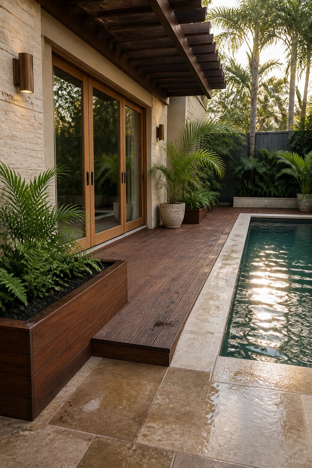 A wooden deck with built-in planters runs alongside a swimming pool next to a house with beige stone walls, bronze wall lights, and large glass doors.