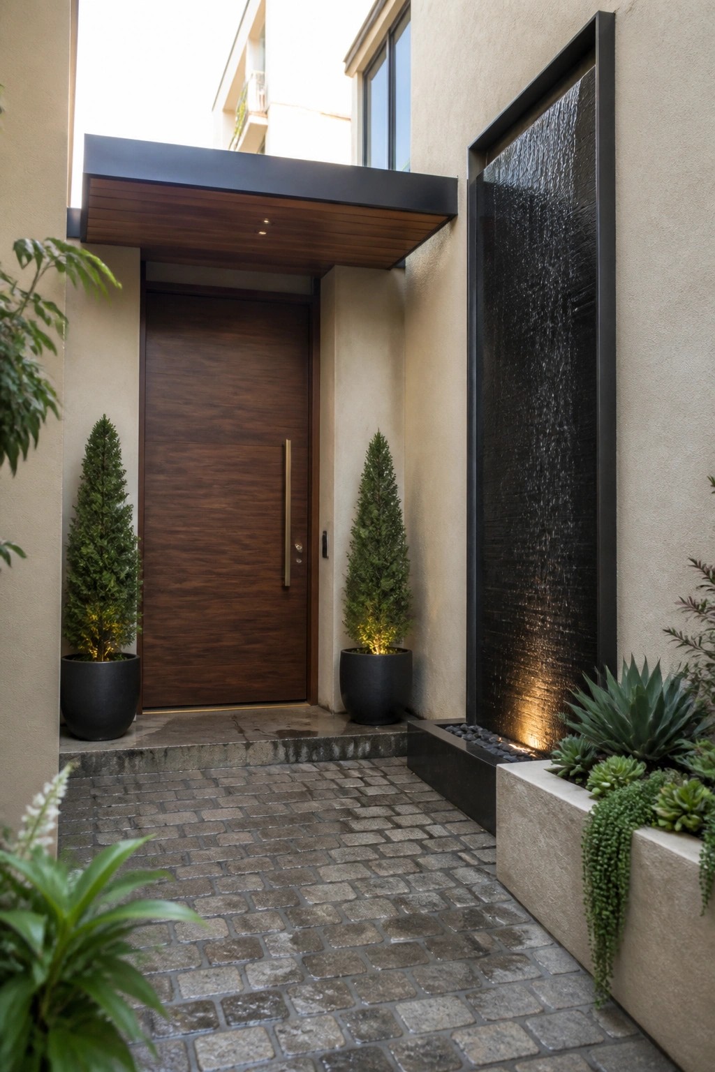 Modern wooden door entry with potted trees, brick path, and cascading water wall