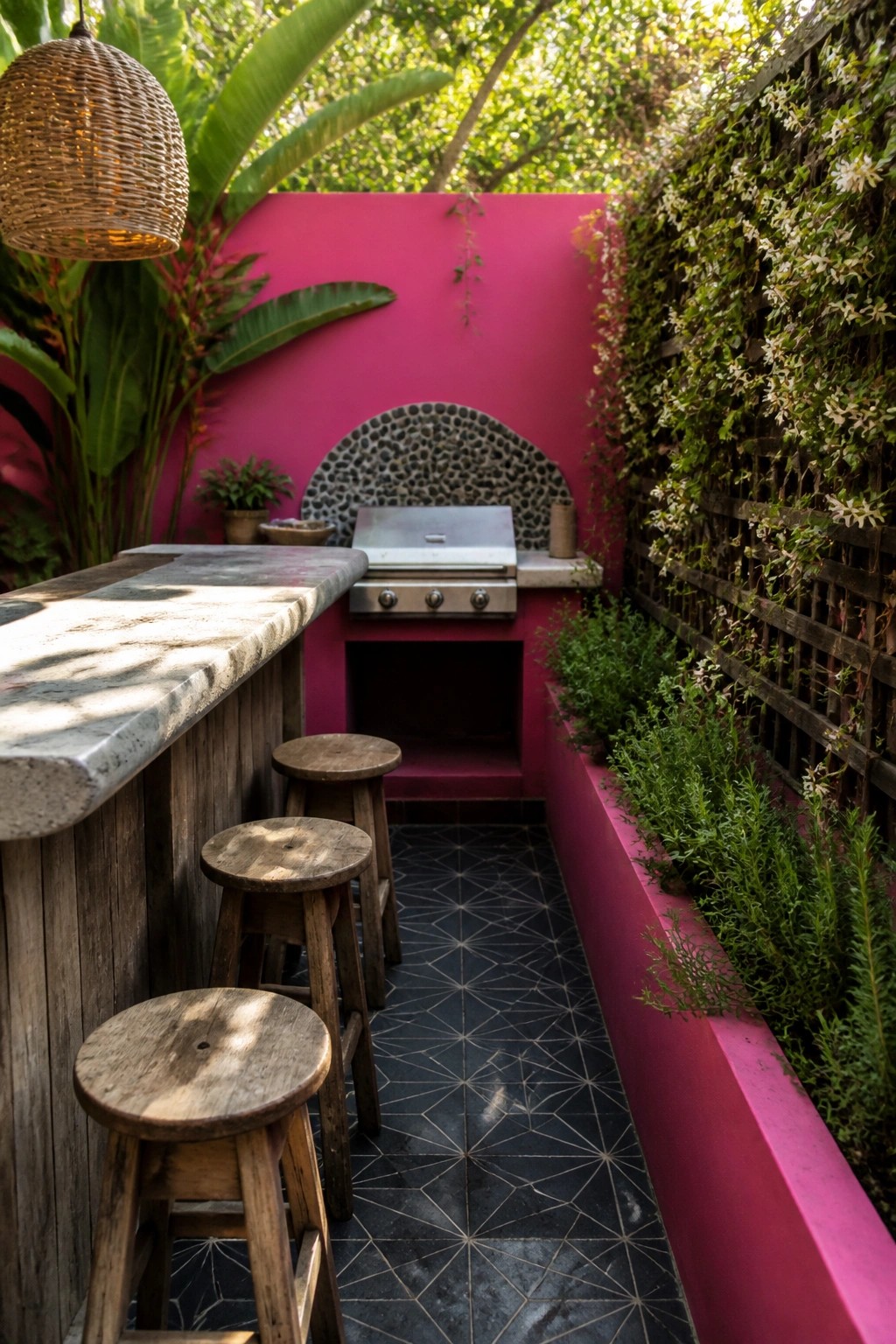 An outdoor bar area with three wooden stools along a concrete counter, a built-in stainless steel grill set into a bright pink wall, and tropical plants growing along a wooden fence.