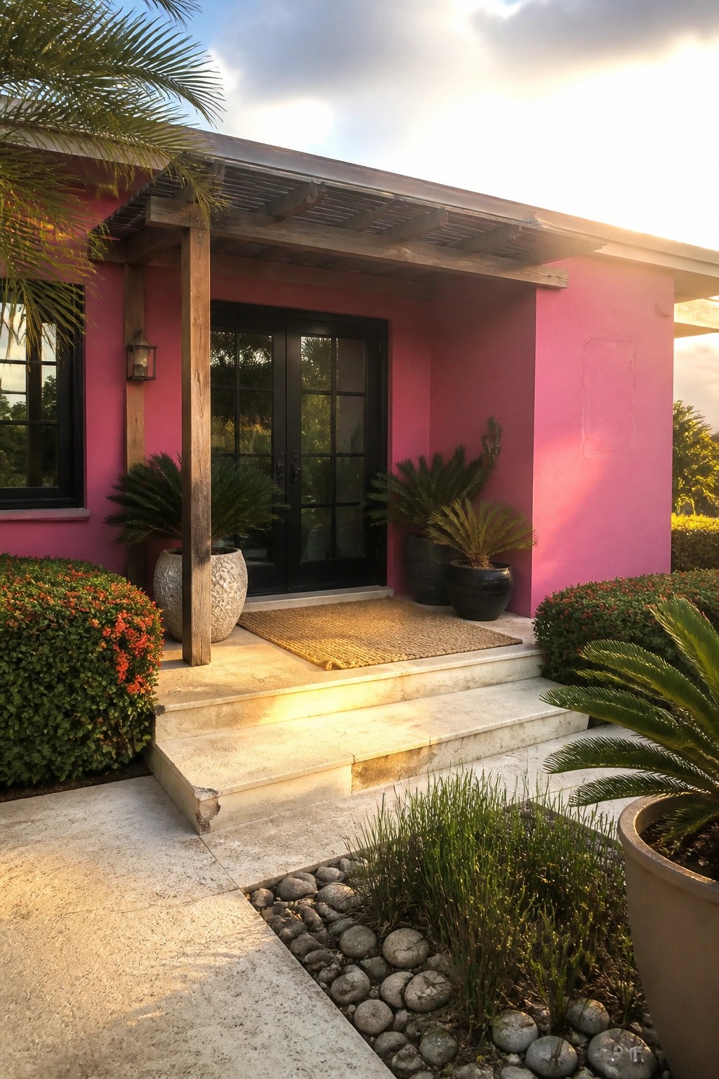 A bright pink house exterior with black double doors, a wooden pergola above the entrance, potted plants on the steps, and surrounding greenery.