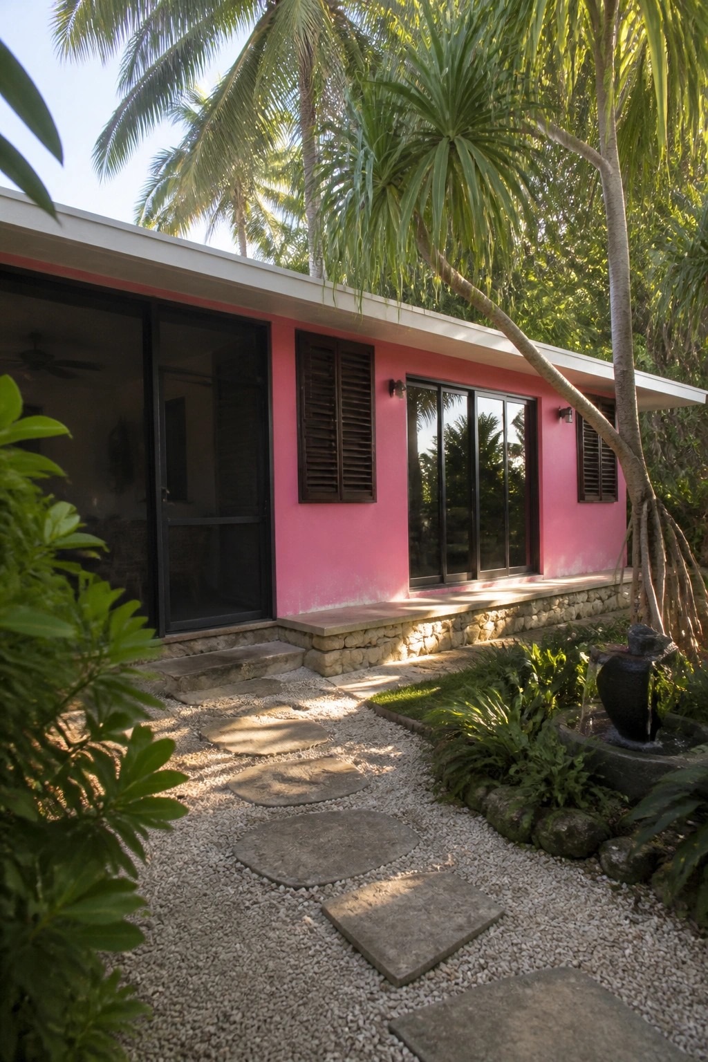 Pink house with gravel path, stepping stones, palm trees, shutters, and fountain