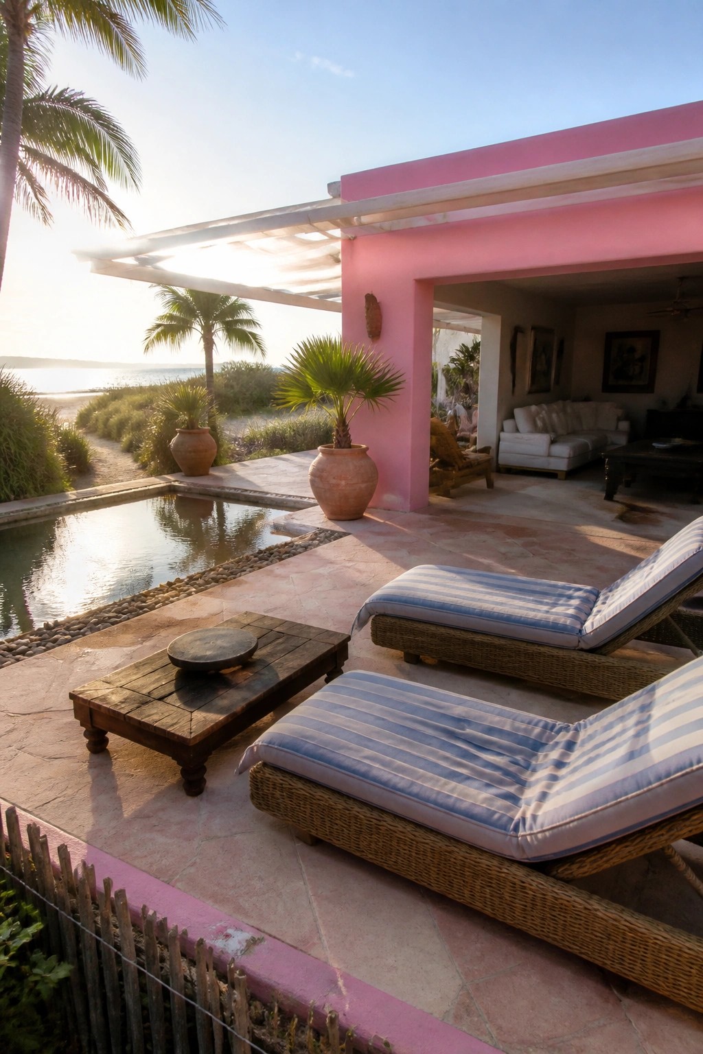 A pink house exterior with a stone patio, two blue striped lounge chairs, a wooden table, potted plants, and a pool overlooking the ocean at sunset.
