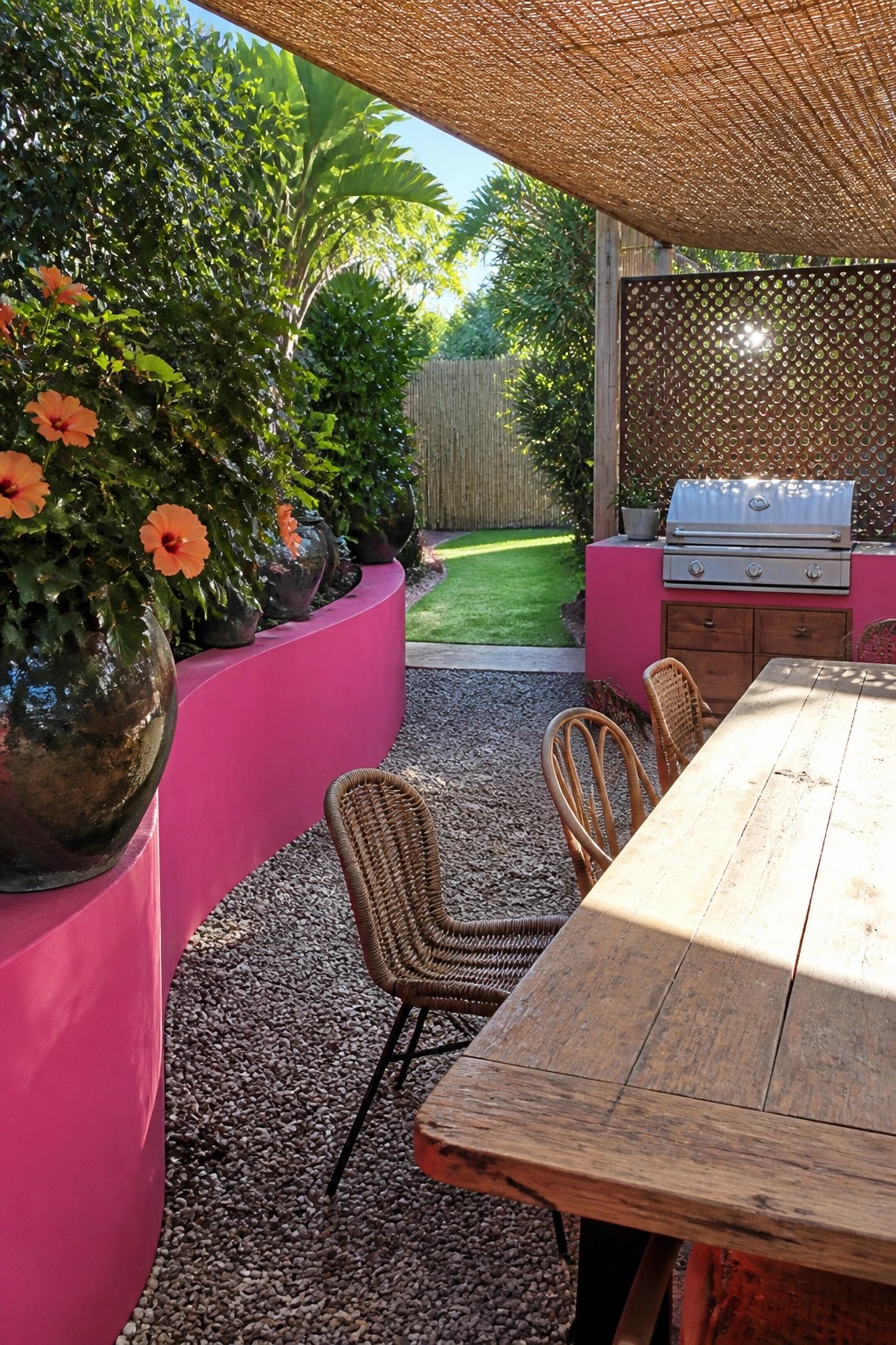 Sunny patio with pink curved wall, wooden table, wicker chairs, and barbecue grill.
