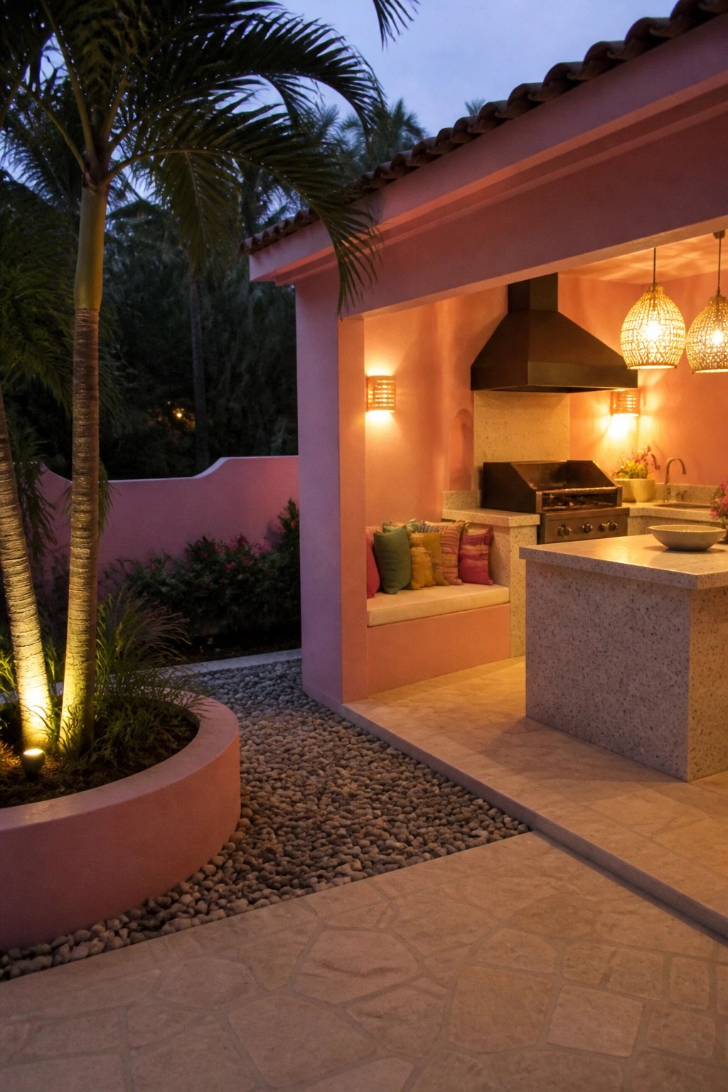 Pink stucco outdoor kitchen with grill, stone counters, wicker lights, and palm trees at dusk