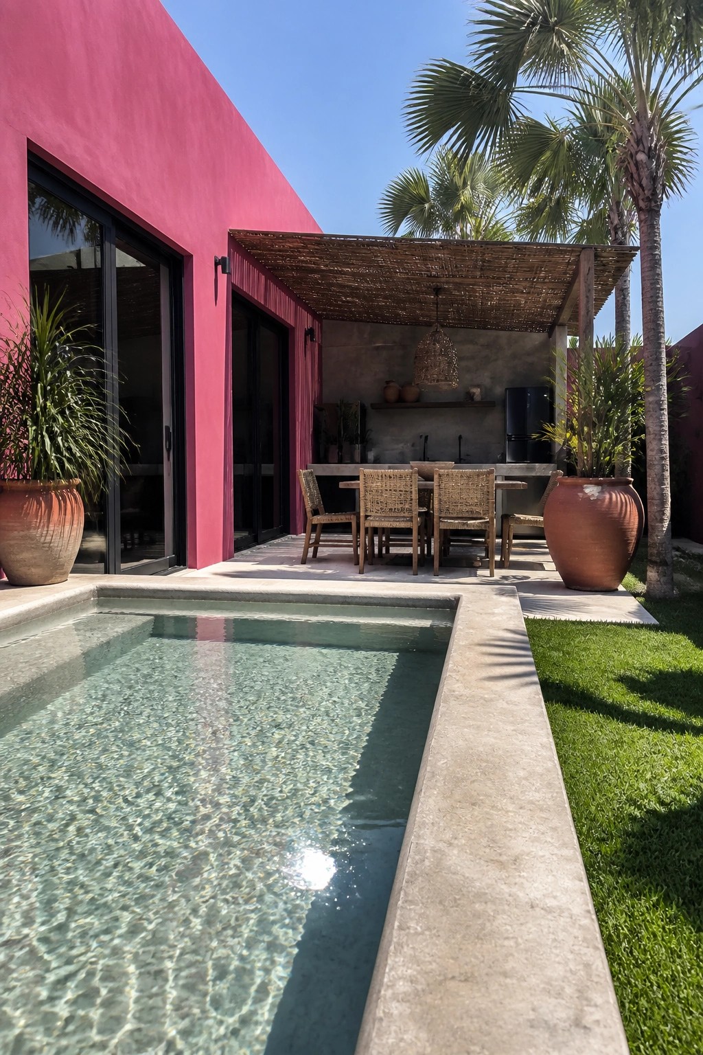 A bright pink house exterior with black-framed glass doors beside a long rectangular pool, an outdoor dining area under a thatched pergola, and large terracotta pots.