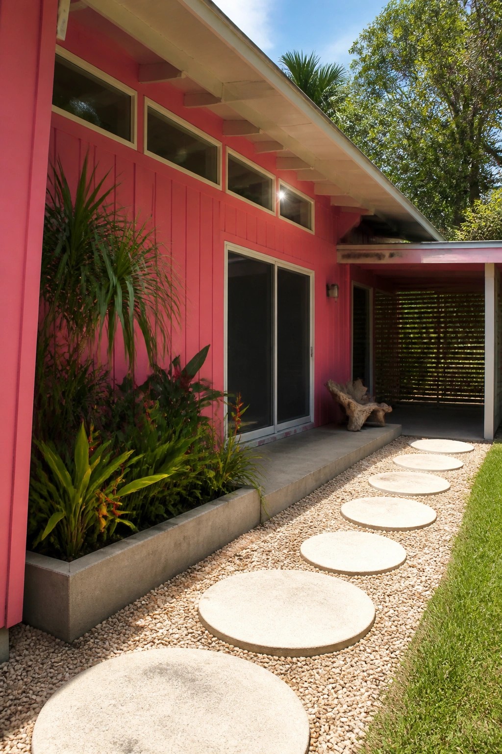 A bright pink house exterior with horizontal siding, large windows, a concrete stepping stone path on gravel, and tropical plants in a raised bed.