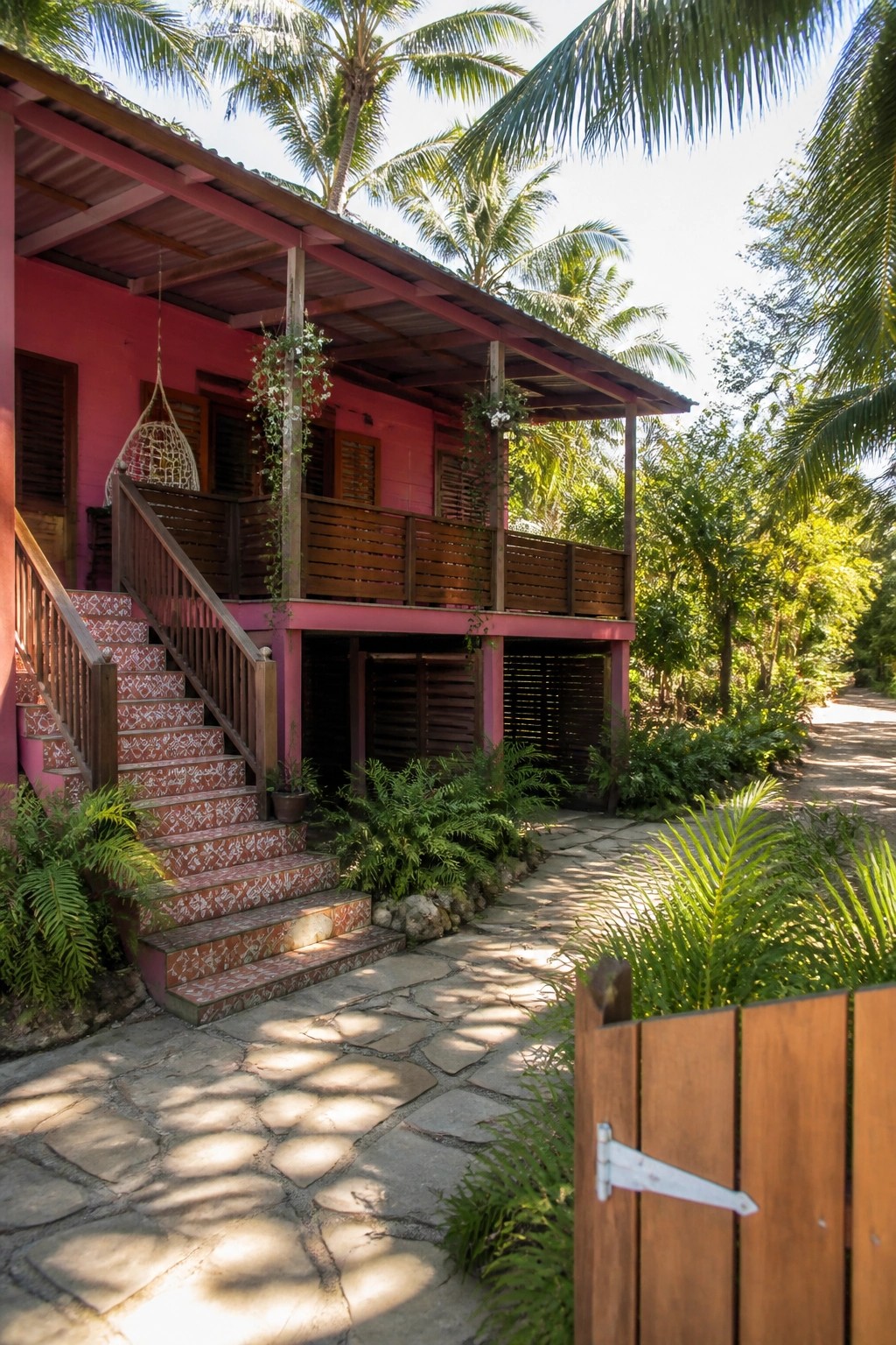 A two-story pink house with wooden stairs, balcony, and shutters set among palm trees and a stone path.