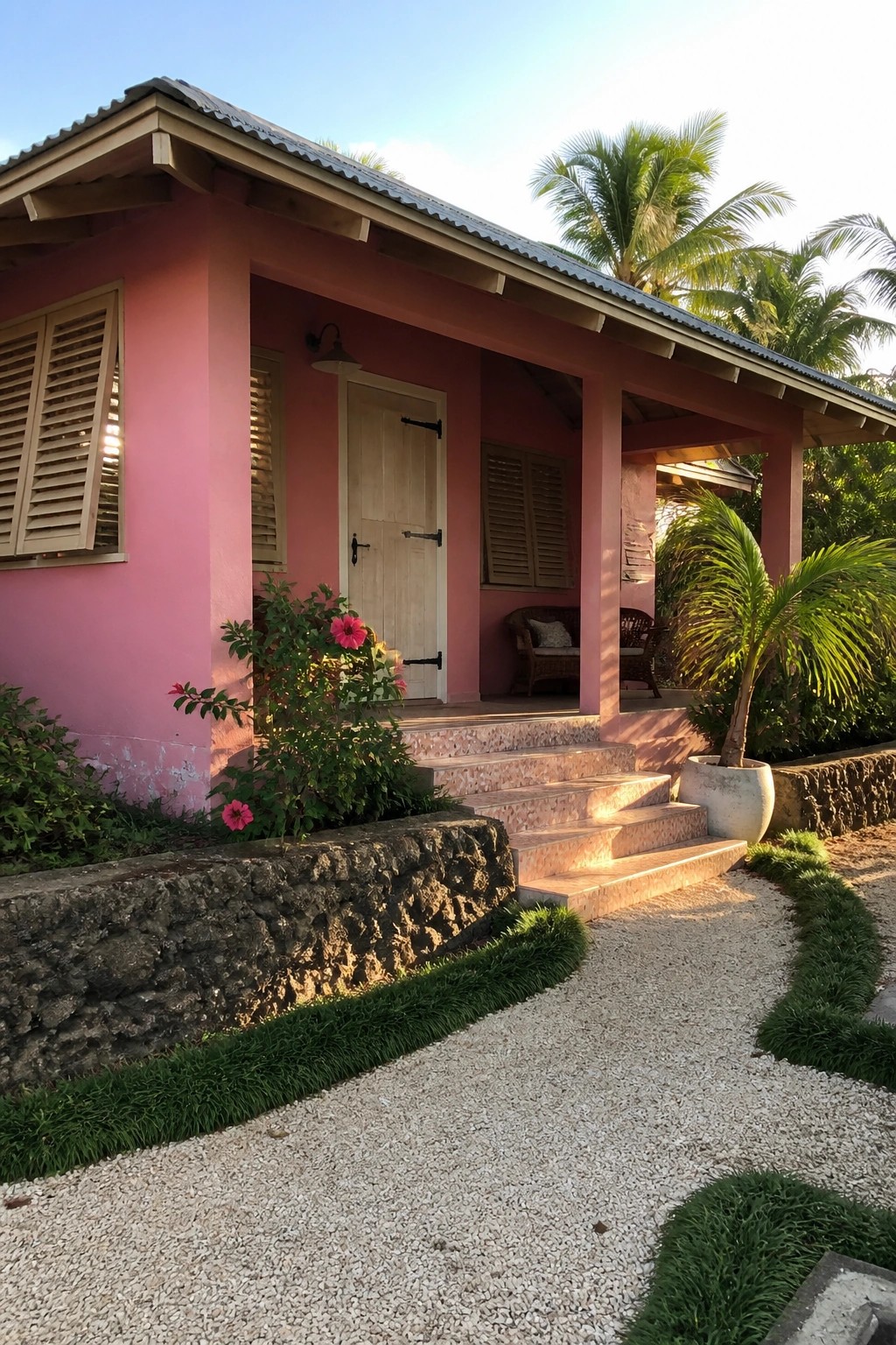A single-story pink house with white trim, stone steps leading to a covered porch, and tropical plants along a gravel path.