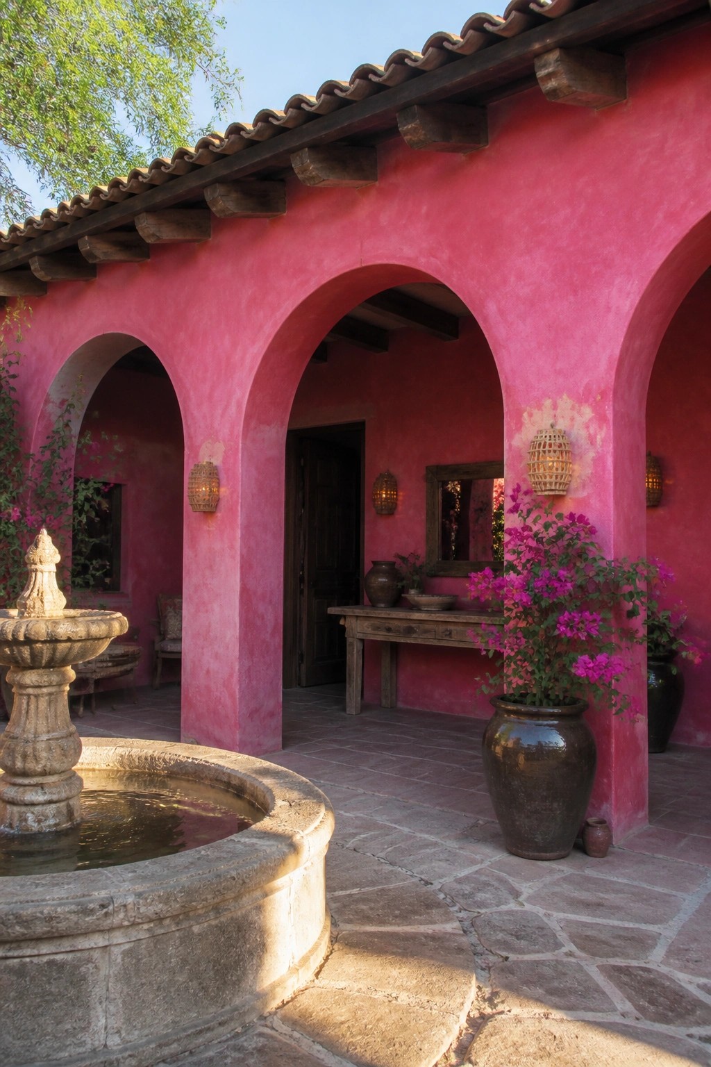 Pink arched courtyard with stone fountain, wooden table, and potted bougainvillea.