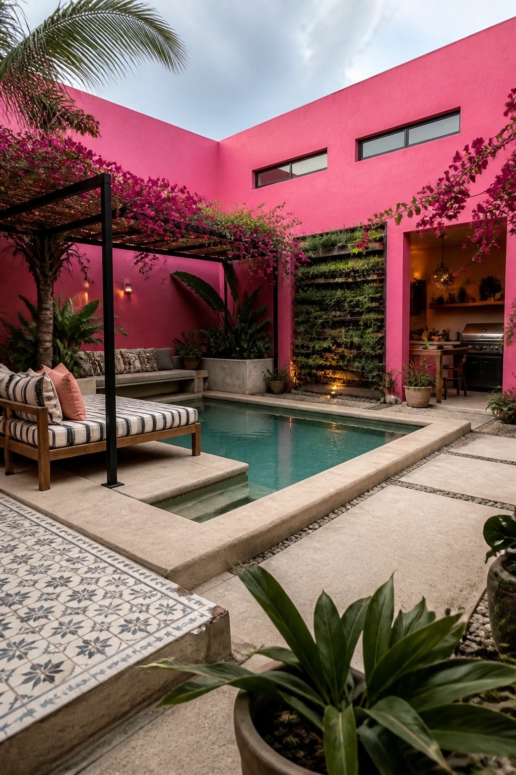 A rectangular pool in a courtyard enclosed by hot pink walls, with a striped daybed under a pergola on the left and a vertical garden on the back wall.
